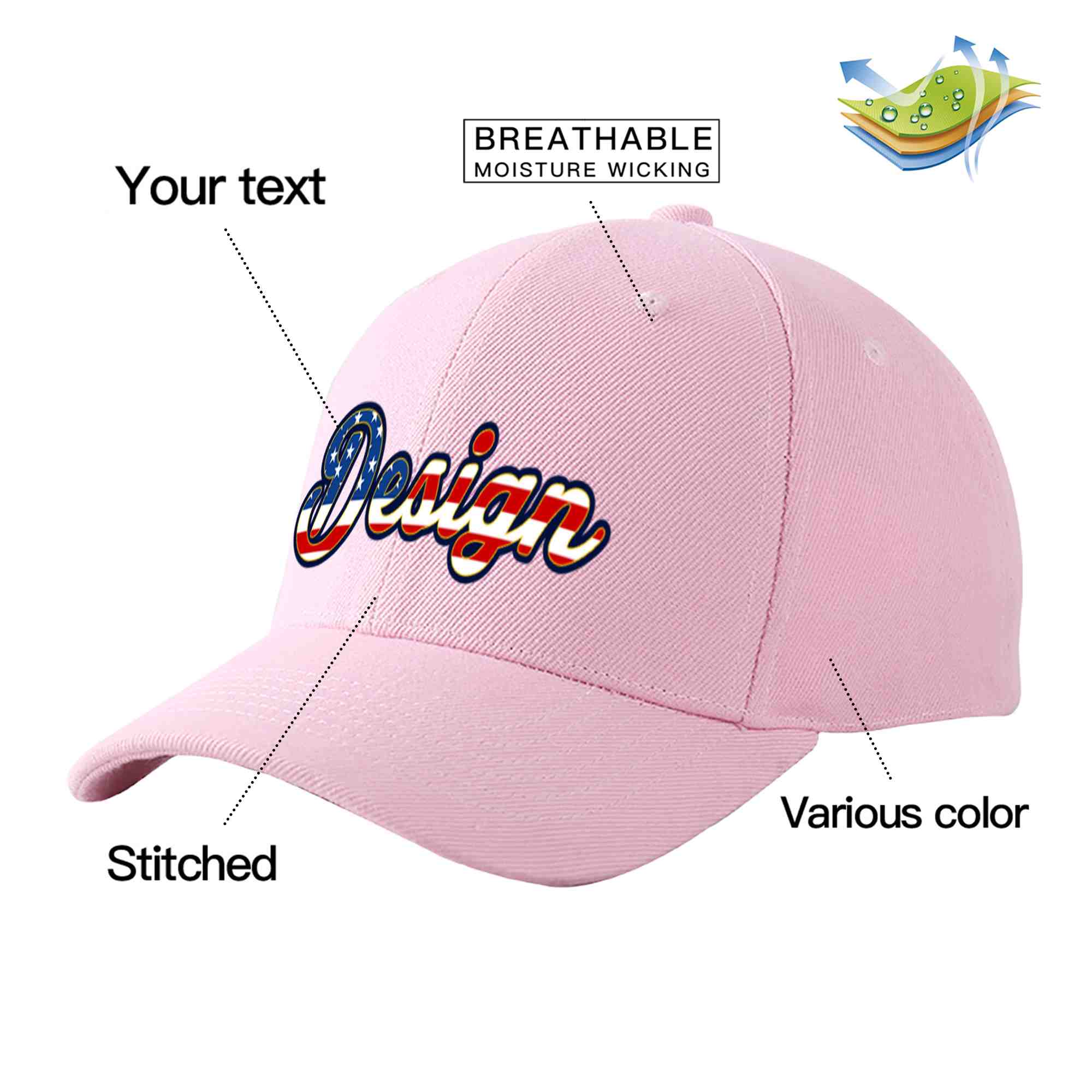 Casquette de baseball personnalisée rose vintage avec drapeau américain et avant-toit incurvé doré