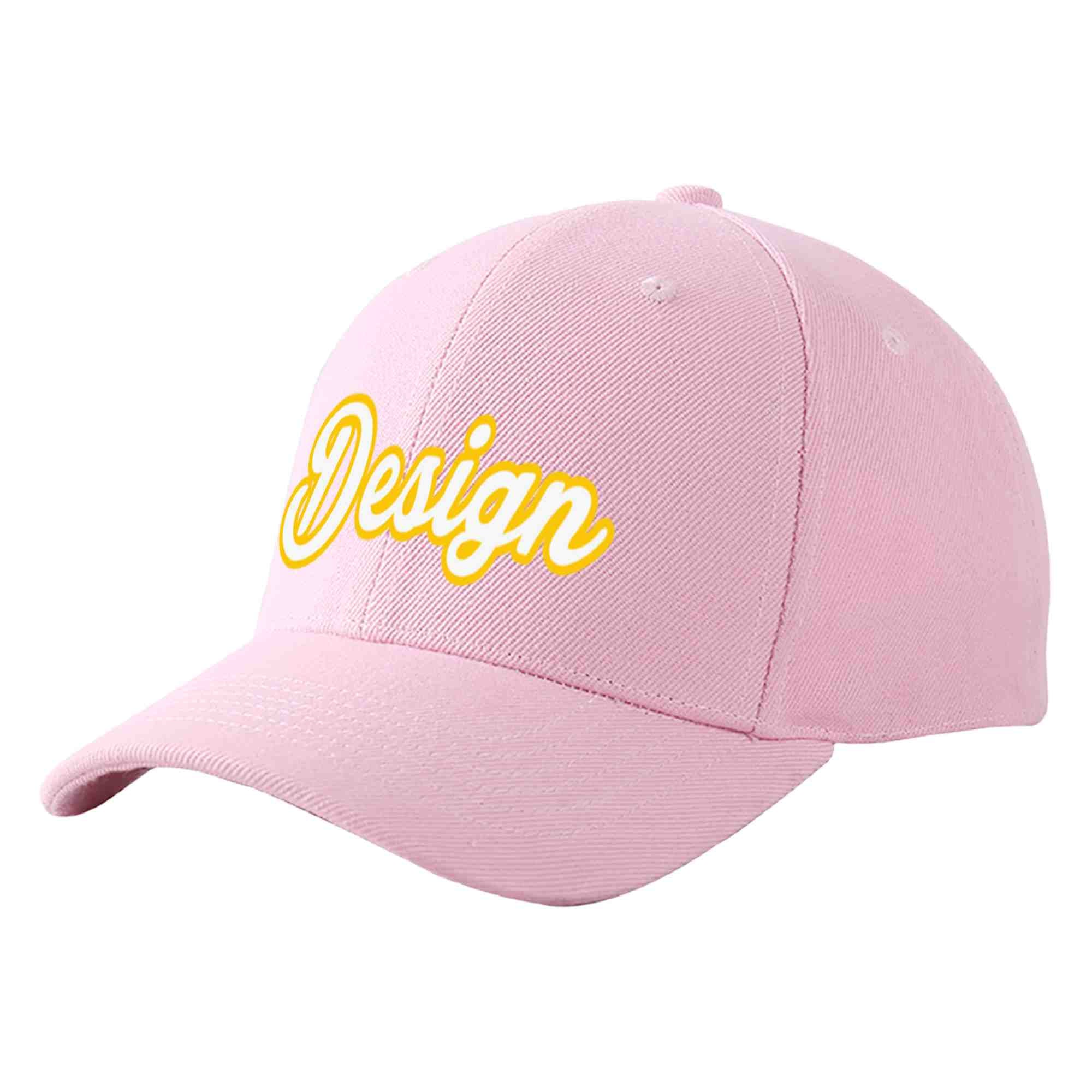 Custom Pink White-Gold Curved Eaves Sport Design Baseball Cap