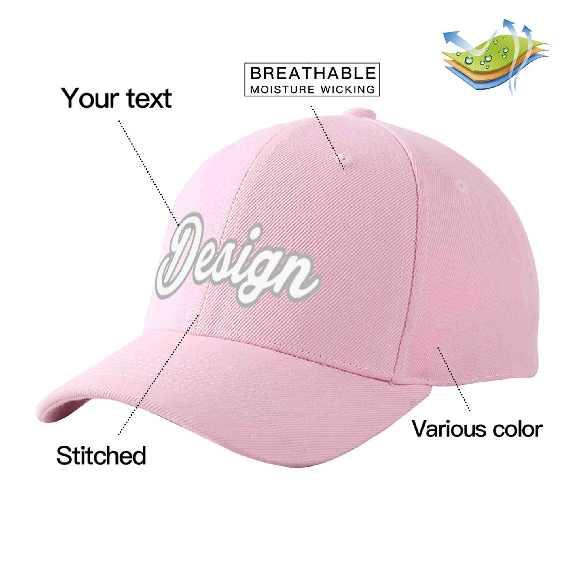 Casquette de baseball personnalisée rose, blanche et grise avec avant-toit incurvé et design sportif