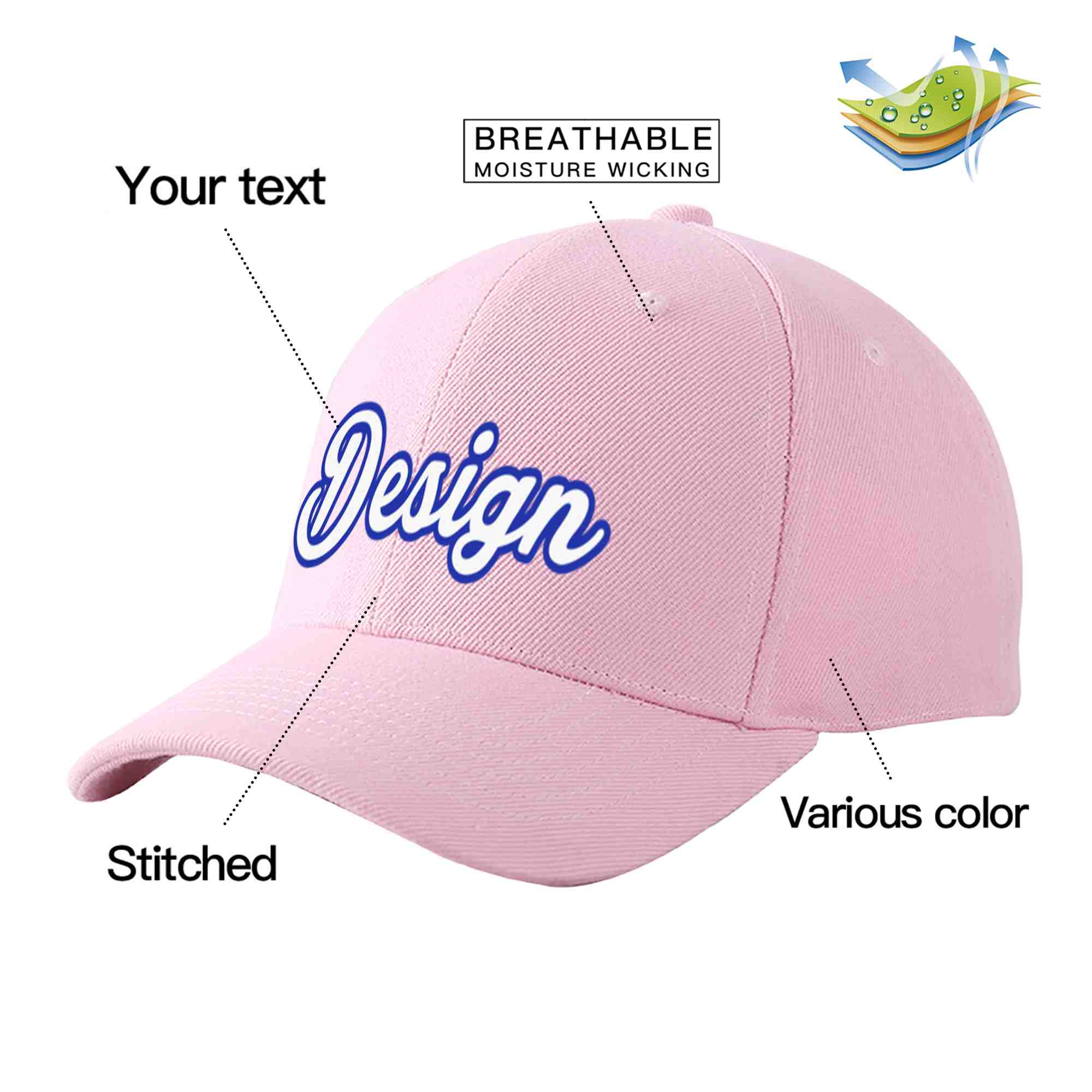 Casquette de baseball personnalisée rose, blanche et royale avec avant-toit incurvé et design sportif