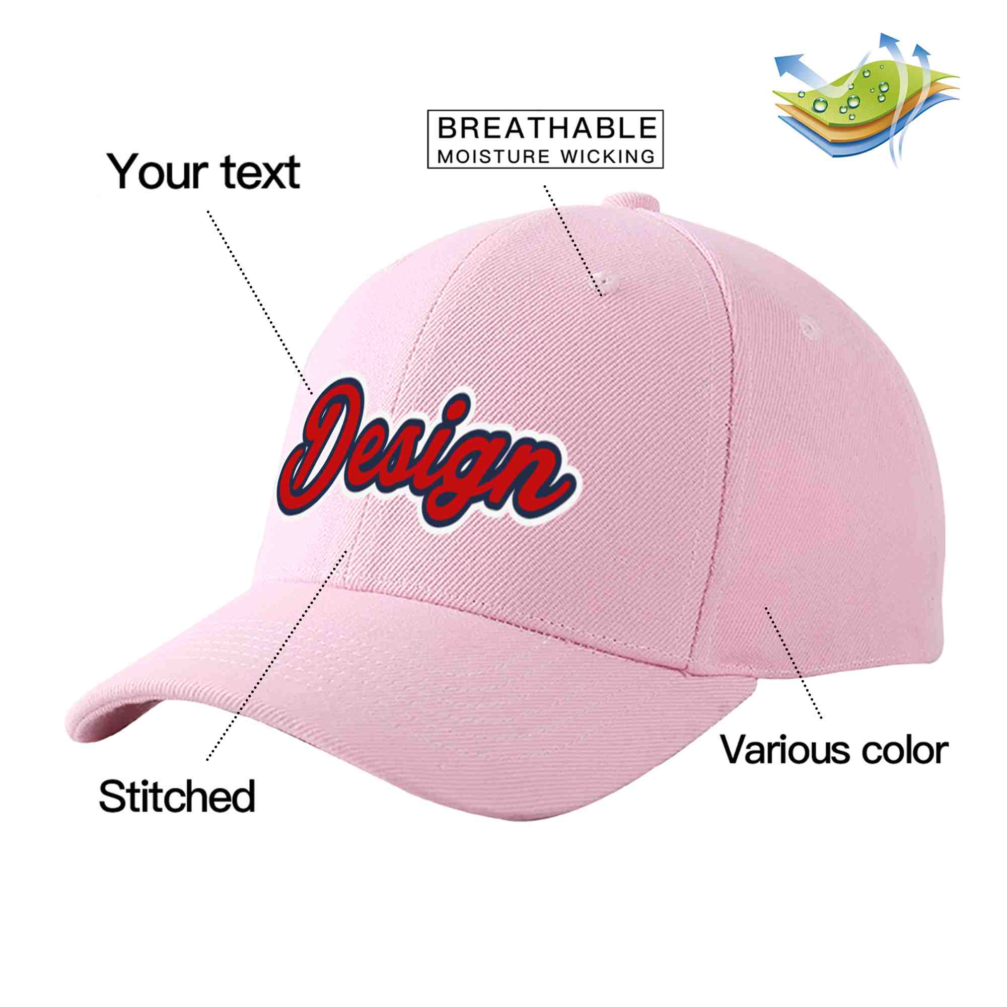 Casquette de baseball personnalisée rose rouge-bleu marine avec design sportif incurvé