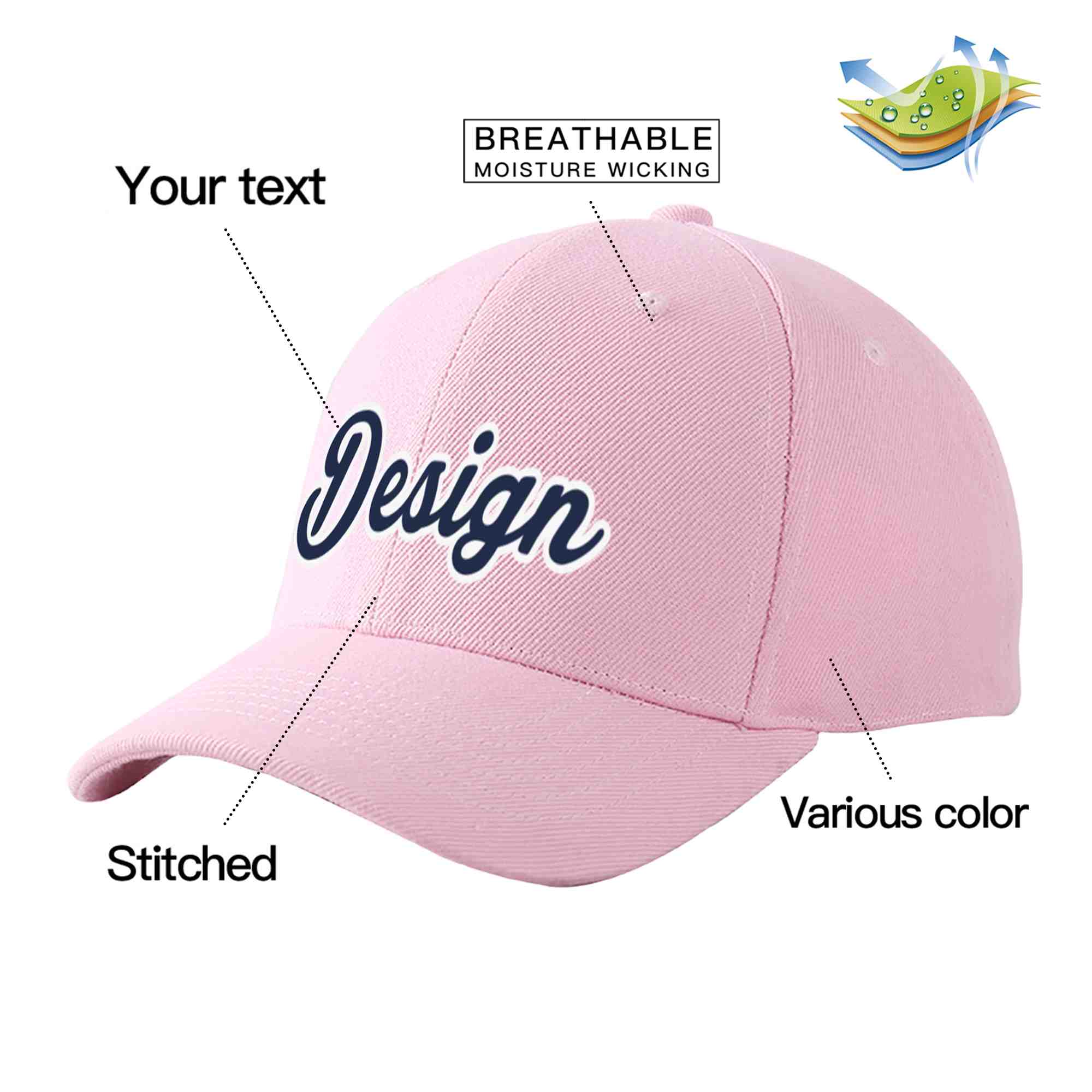 Custom Pink Navy-White Curved Eaves Sport Design Baseball Cap