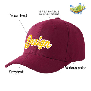 Custom Red Wine Gold-White Curved Eaves Sport Design Baseball Cap