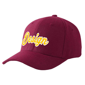 Custom Red Wine Gold-White Curved Eaves Sport Design Baseball Cap