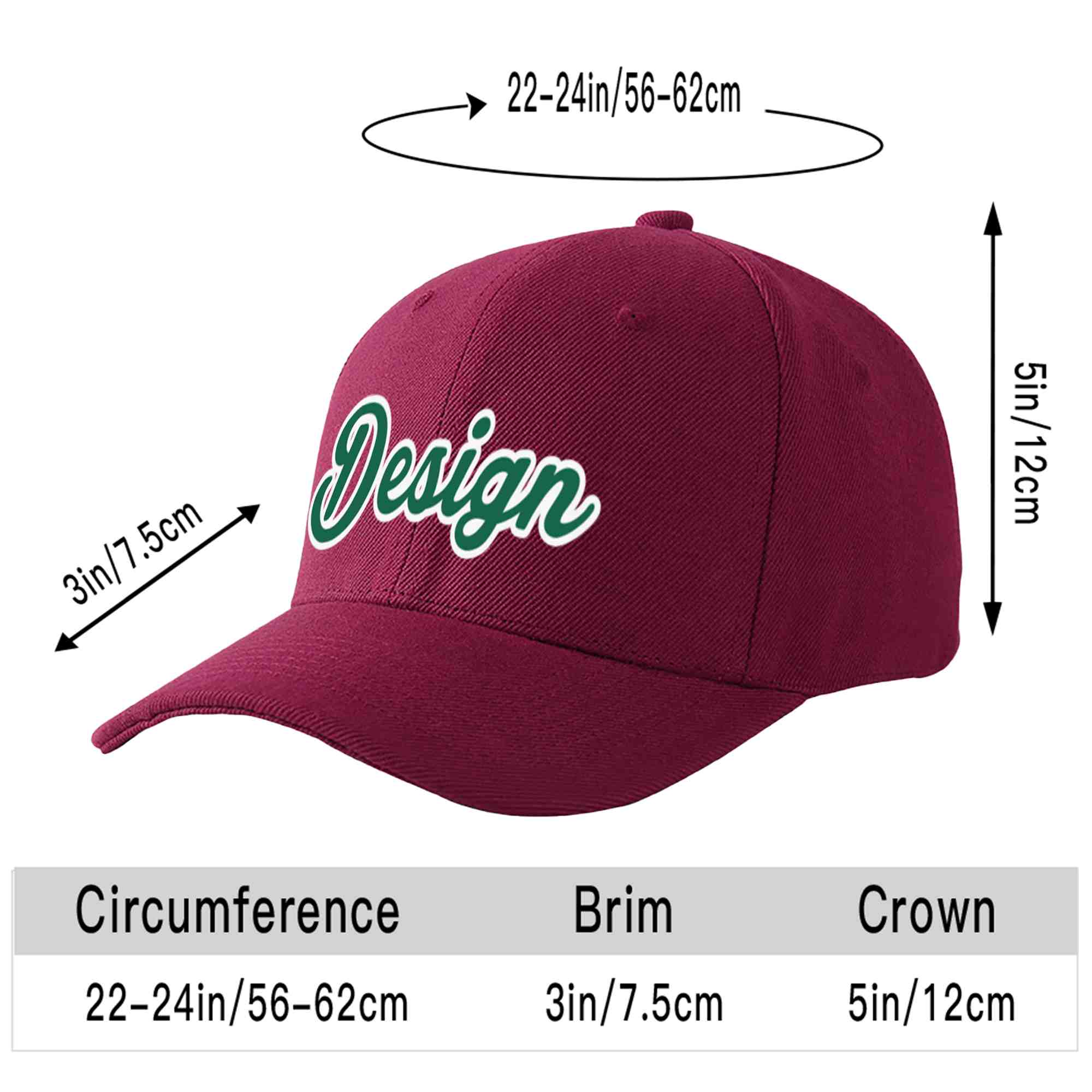 Custom Red Wine Kelly Green-White Curved Eaves Sport Design Baseball Cap