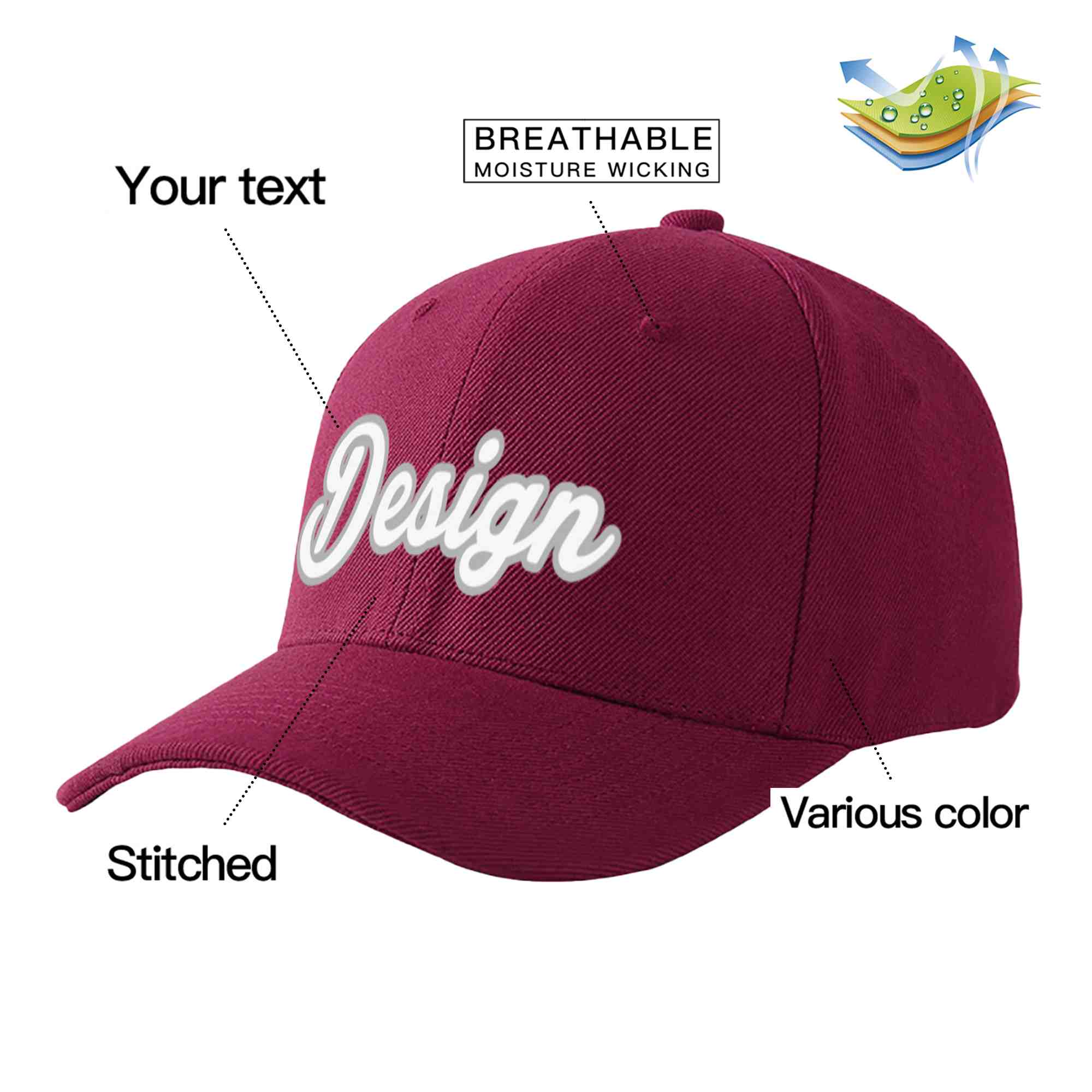 Casquette de baseball de conception de sport d'avant-toit incurvé blanc-gris de vin rouge personnalisé