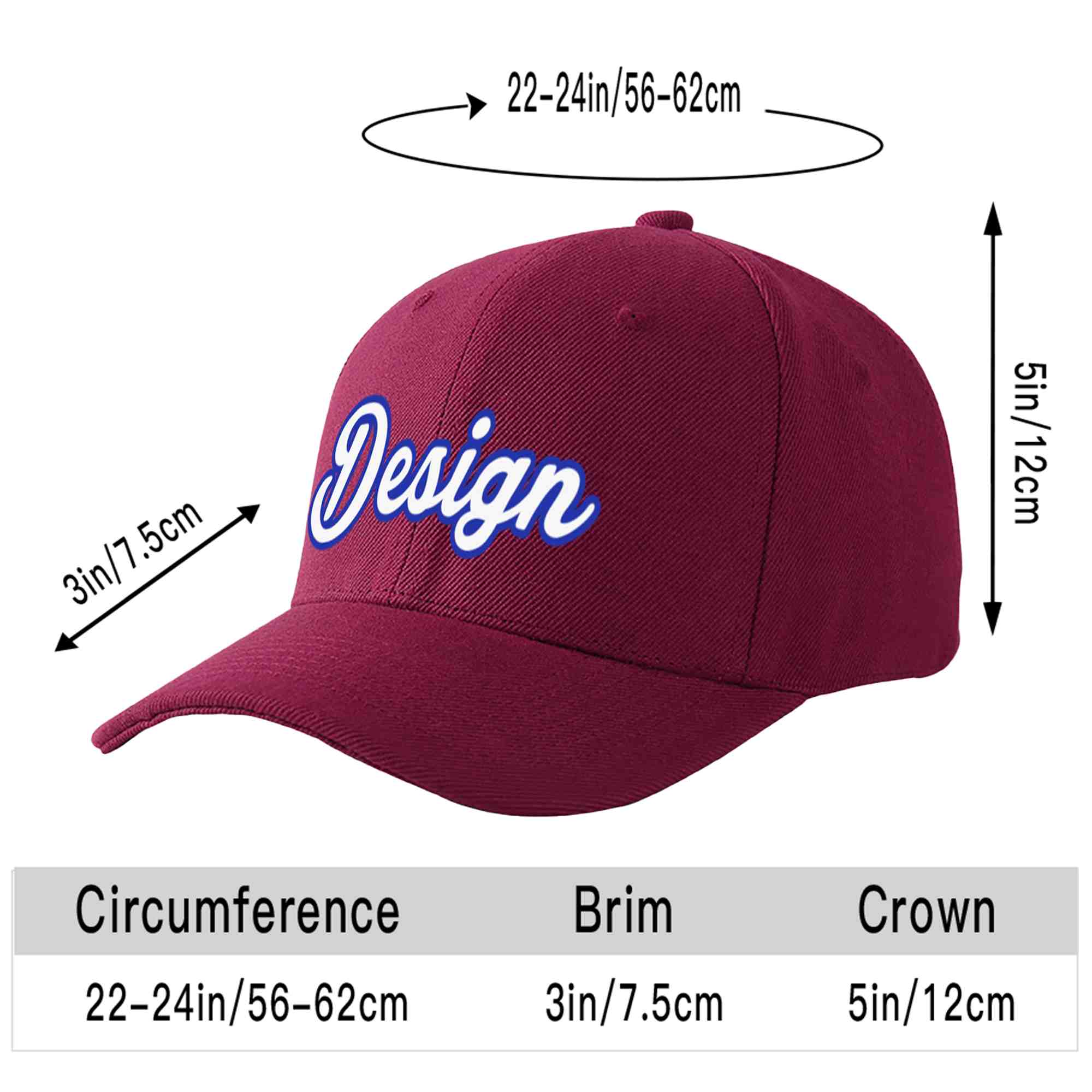 Casquette de baseball personnalisée, vin rouge, blanc-royal, courbée, design sportif