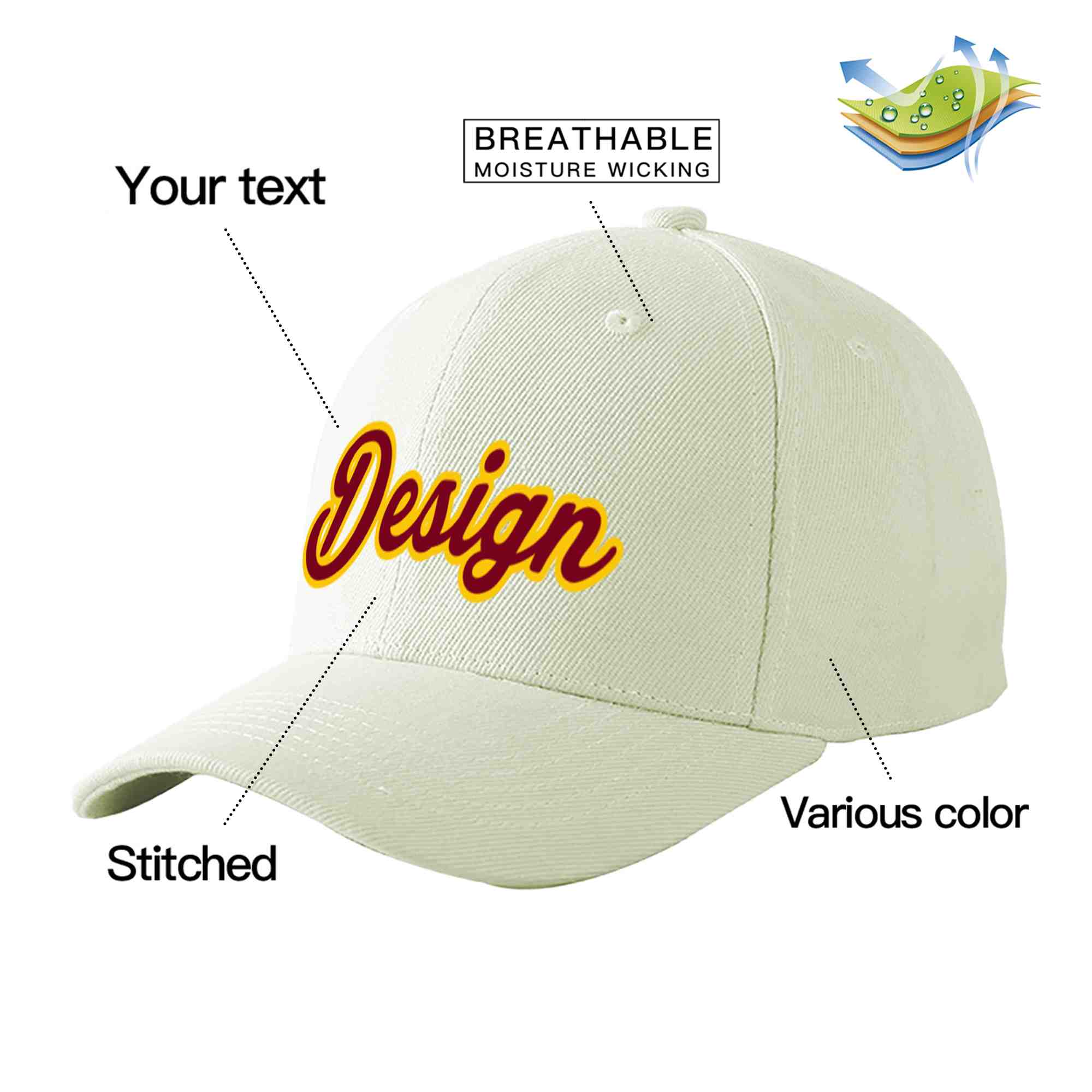 Casquette de baseball incurvée personnalisée crème cramoisi-or avec avant-toit