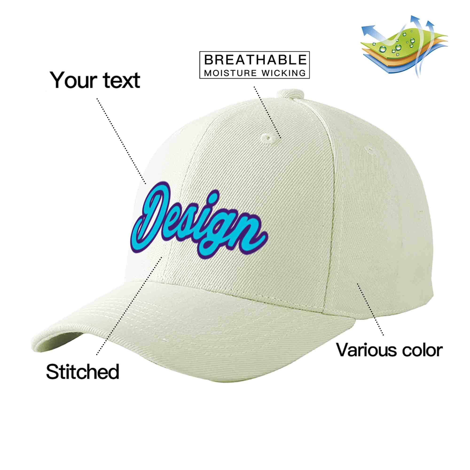 Custom Cream Light Blue-Purple Curved Eaves Sport Design Baseball Cap