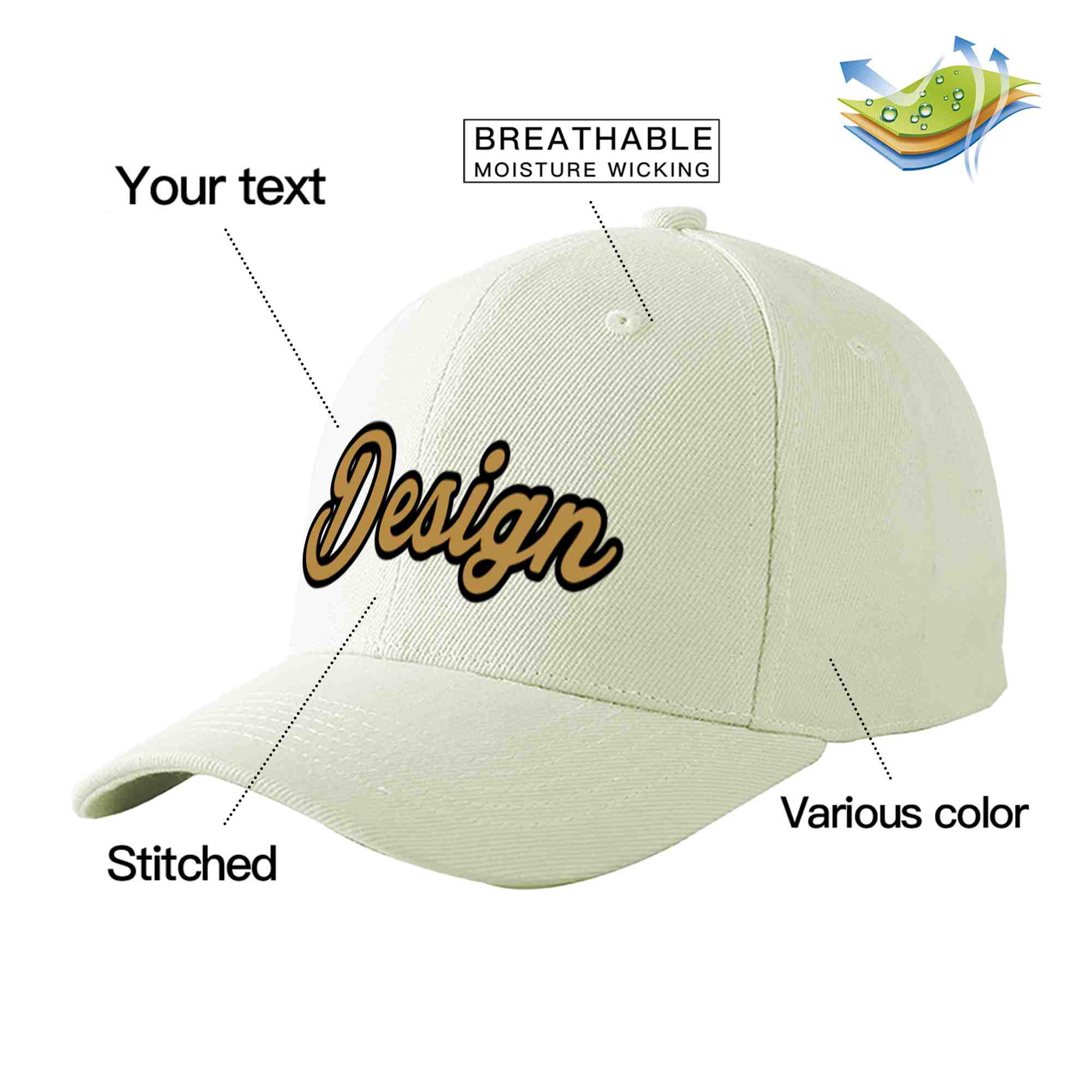 Custom Cream Old Gold-Black Curved Eaves Sport Design Baseball Cap