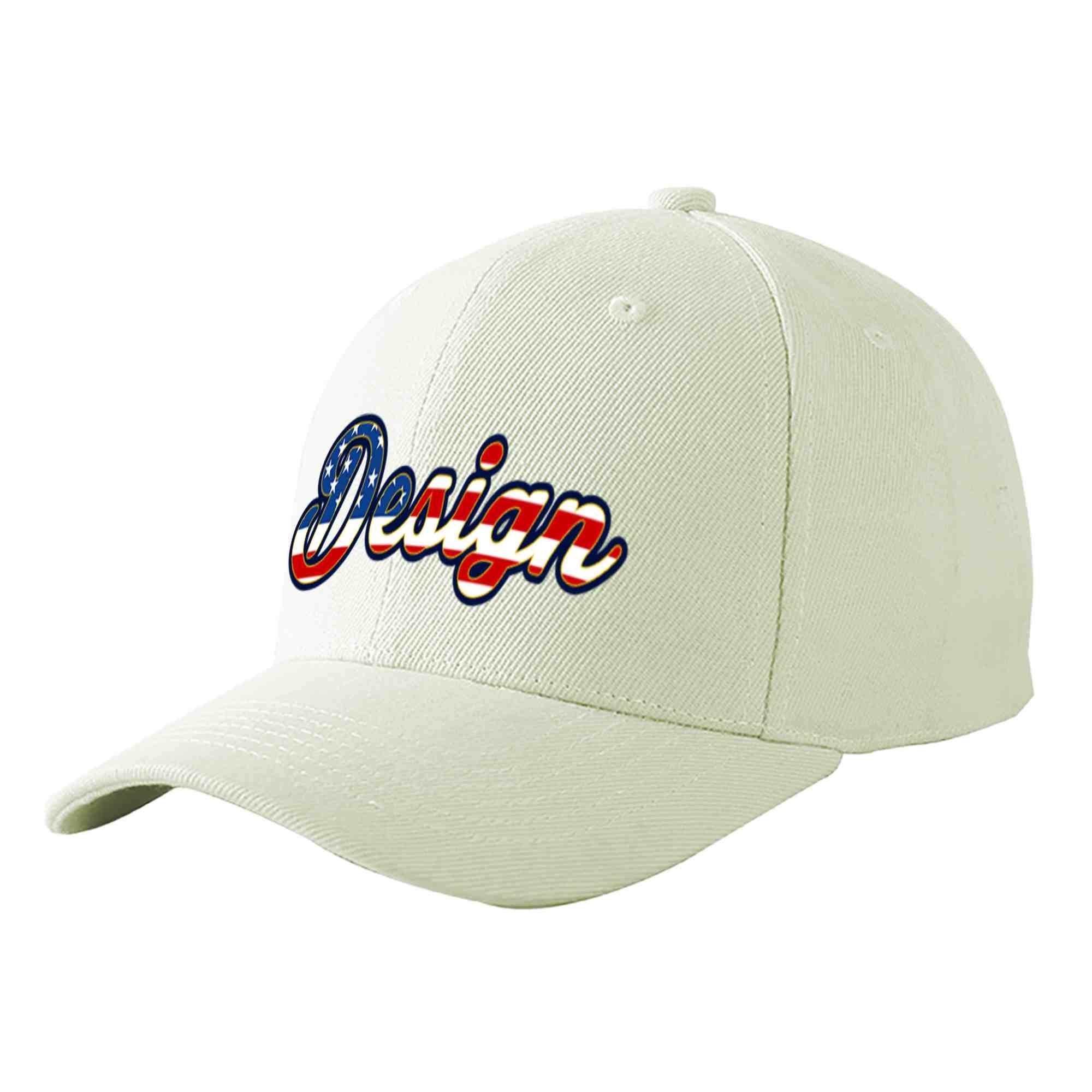 Casquette de baseball personnalisée crème vintage avec drapeau américain et avant-toit incurvé doré