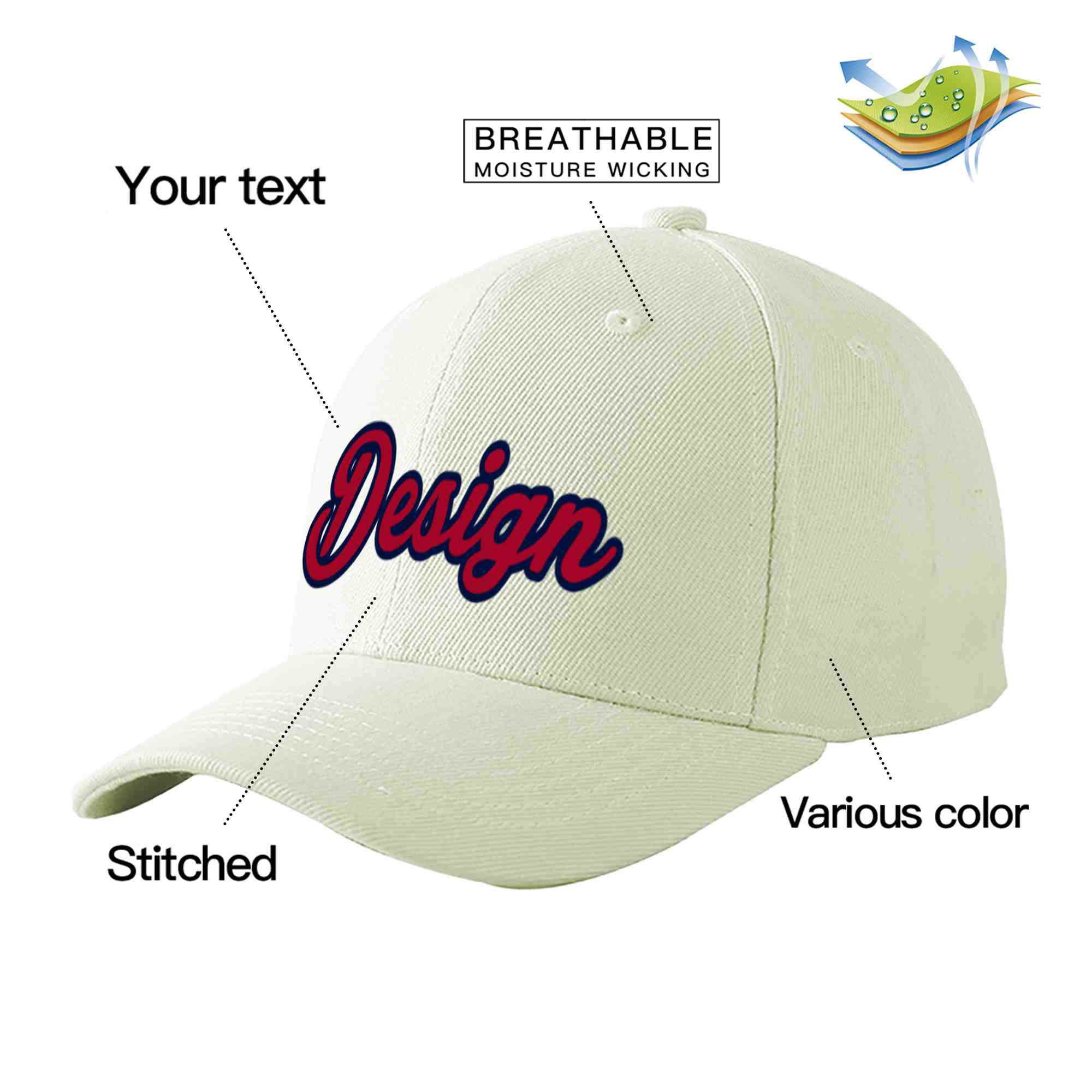 Casquette de baseball personnalisée crème rouge-marine courbée Eaves Sport Design