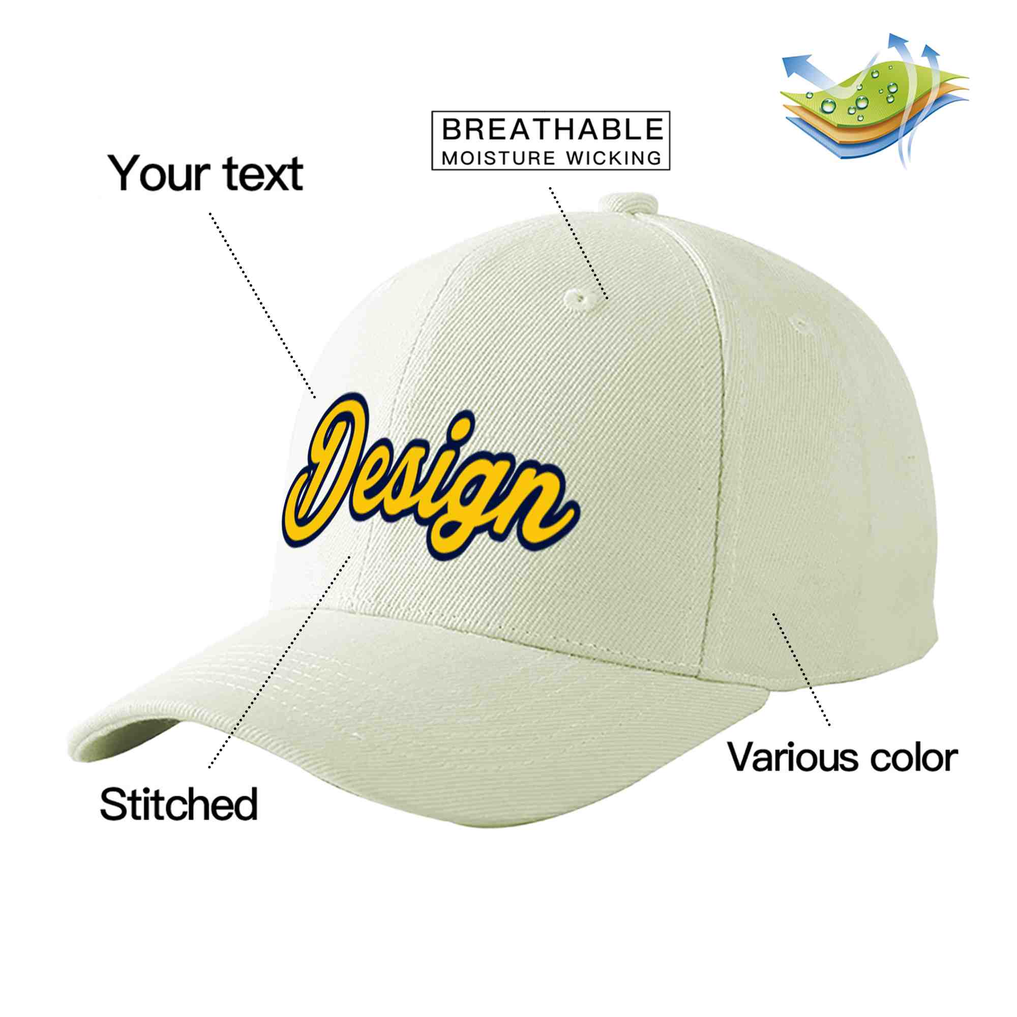 Custom Cream Gold-Navy Curved Eaves Sport Design Baseball Cap