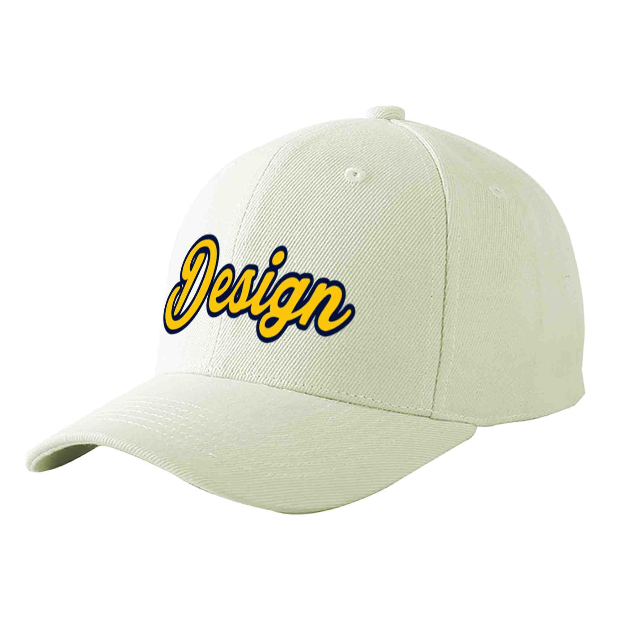 Custom Cream Gold-Navy Curved Eaves Sport Design Baseball Cap