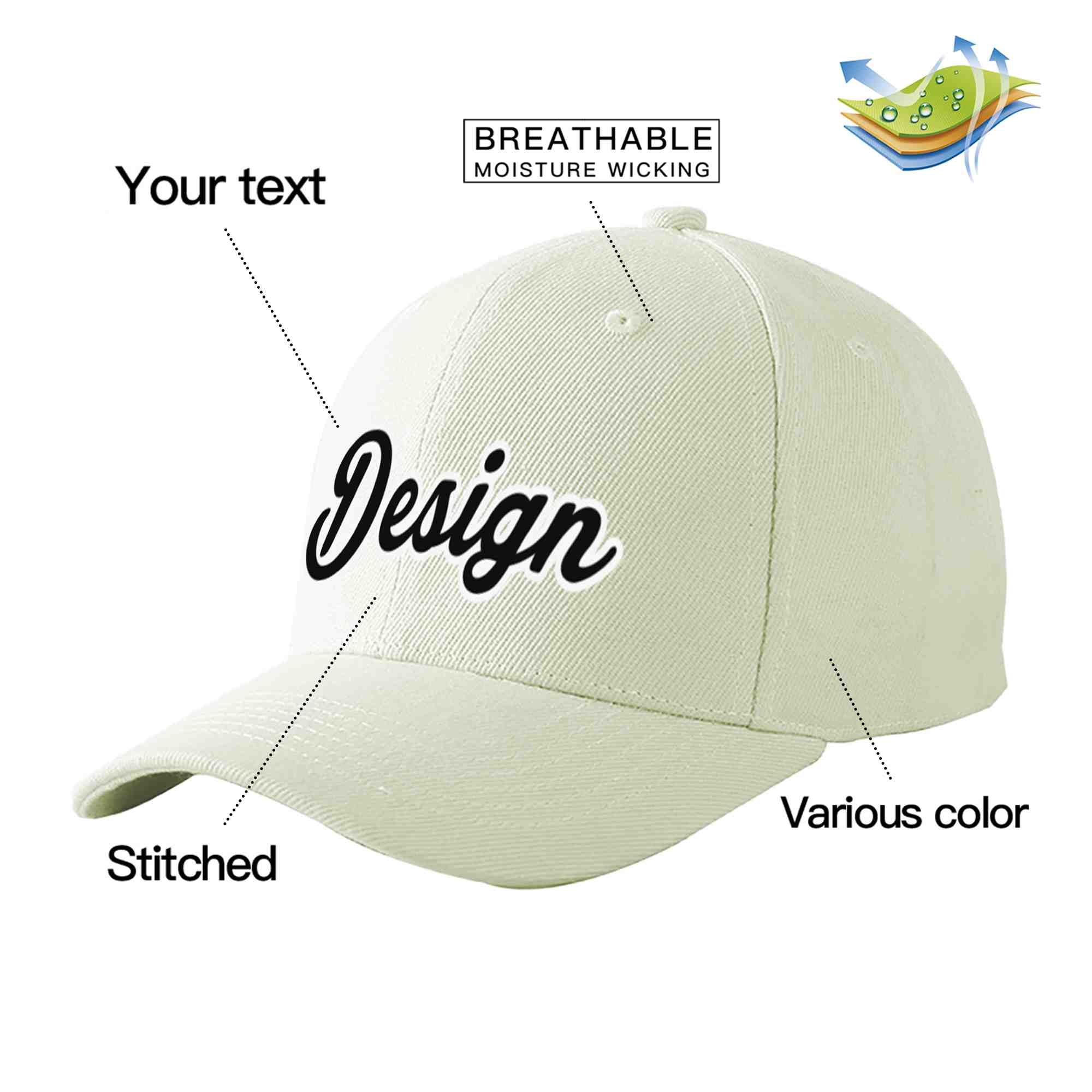 Custom Cream Black-White Curved Eaves Sport Design Baseball Cap