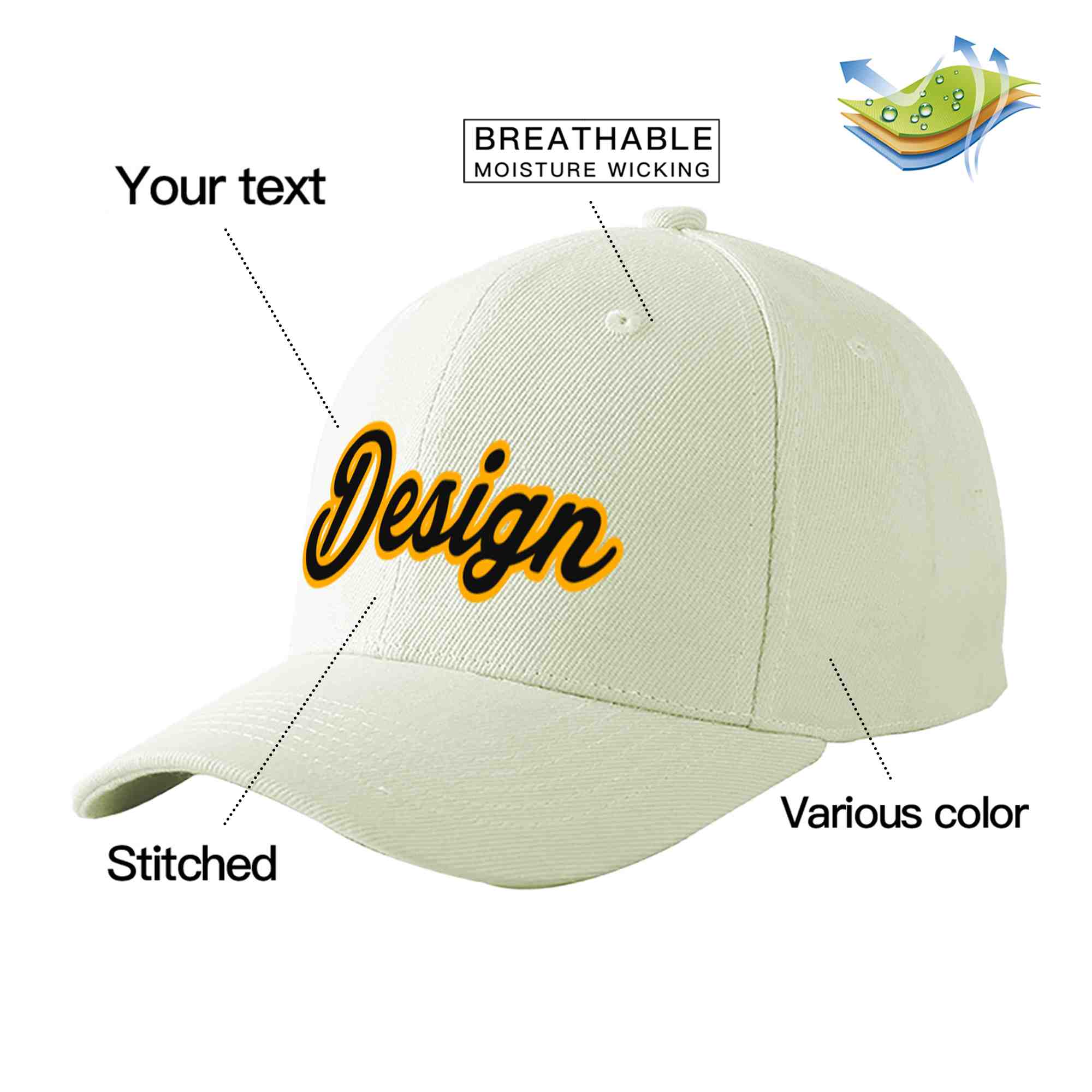 Custom Cream Black-Yellow Curved Eaves Sport Design Baseball Cap