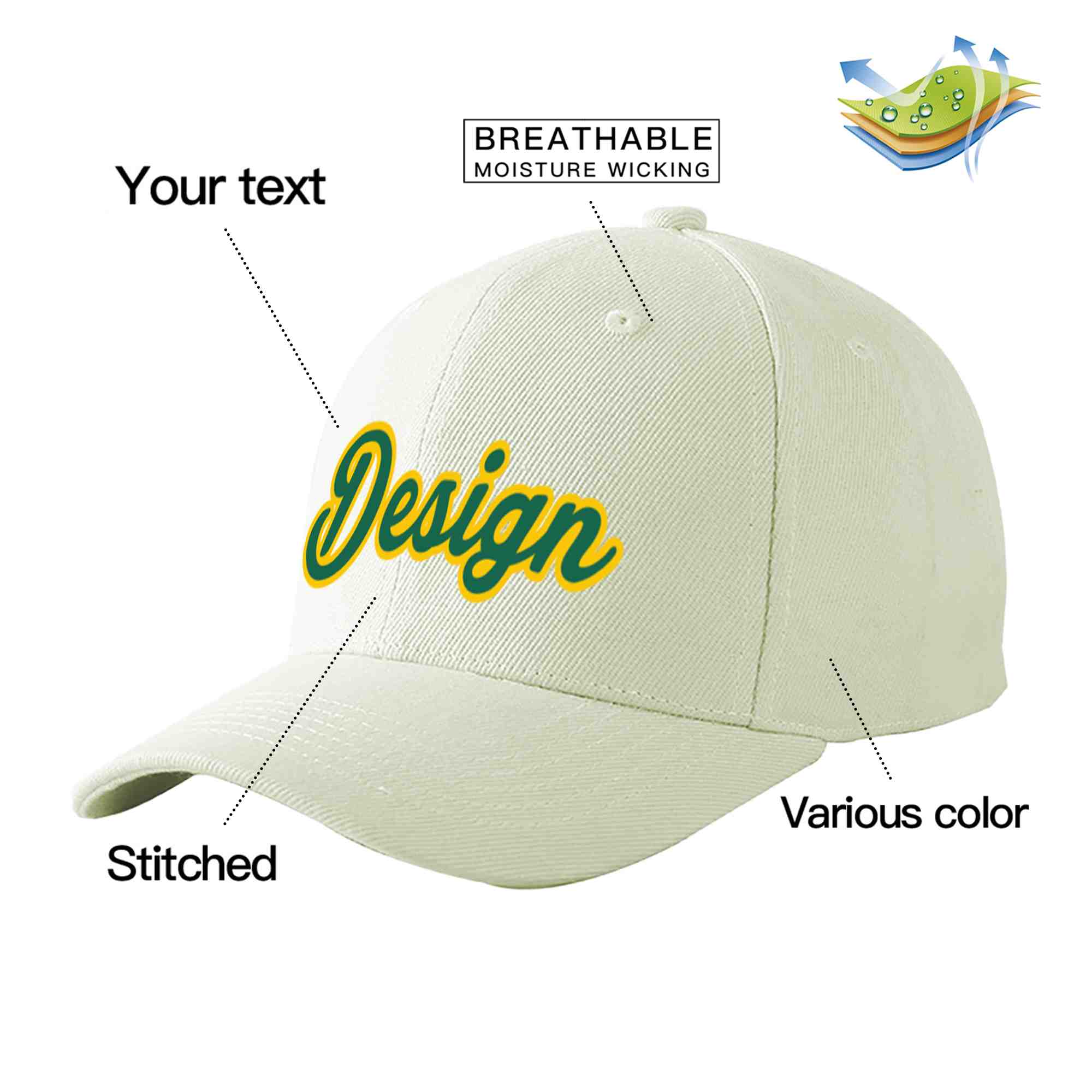 Casquette de baseball personnalisée crème Kelly vert-or courbée Eaves Sport Design