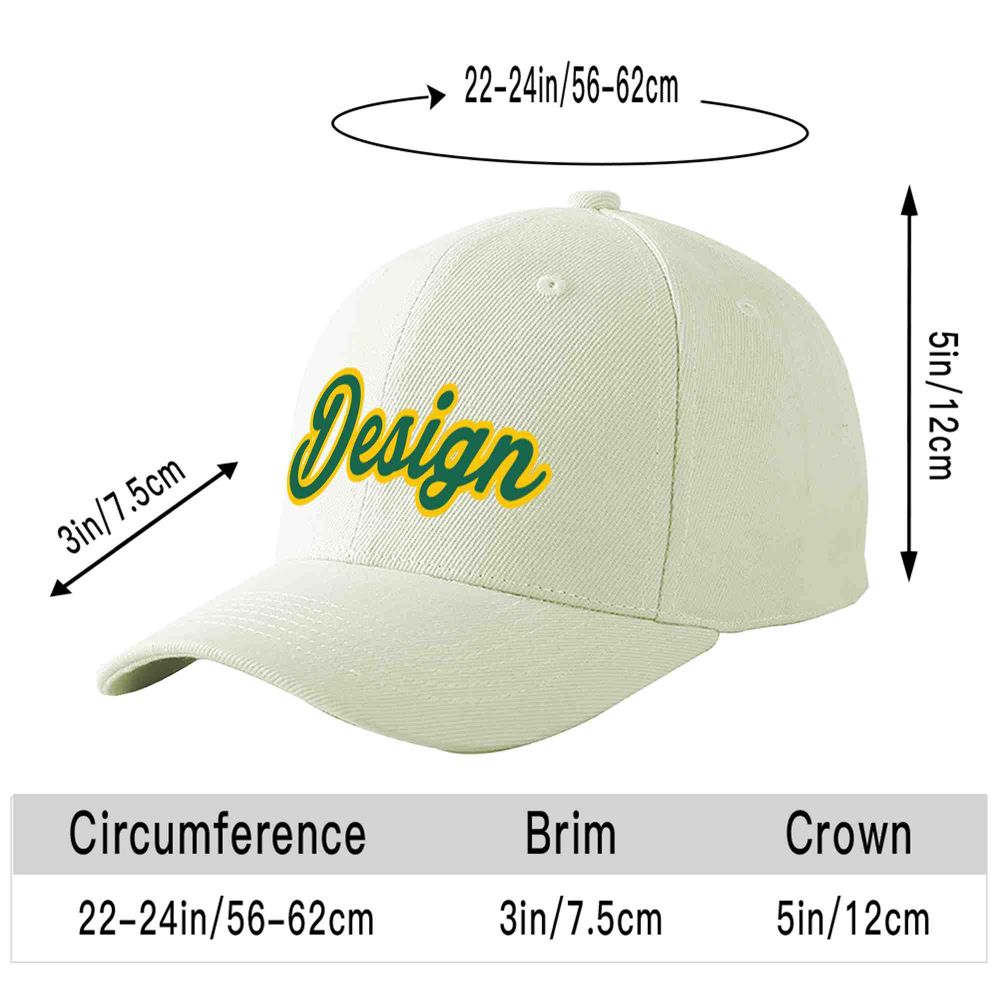 Custom Cream Kelly Green-Gold Curved Eaves Sport Design Baseball Cap