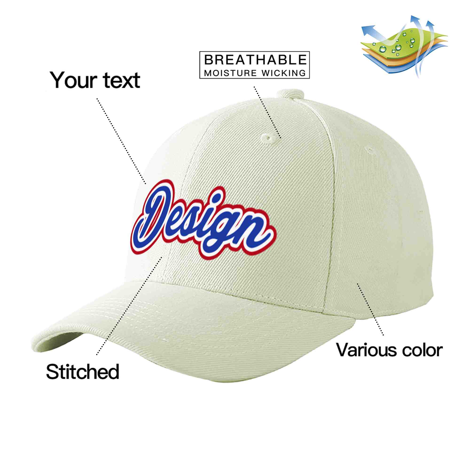 Custom Cream Royal-White Curved Eaves Sport Design Baseball Cap