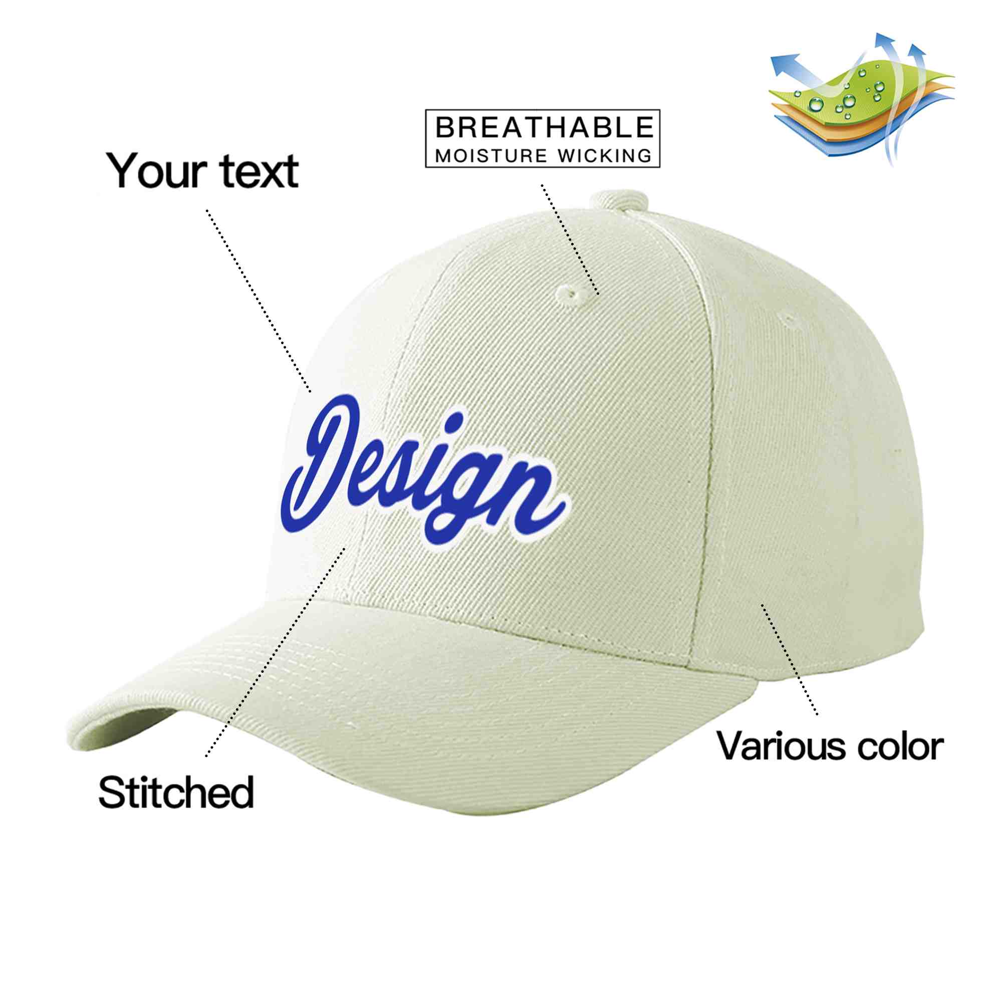 Custom Cream Royal-White Curved Eaves Sport Design Baseball Cap