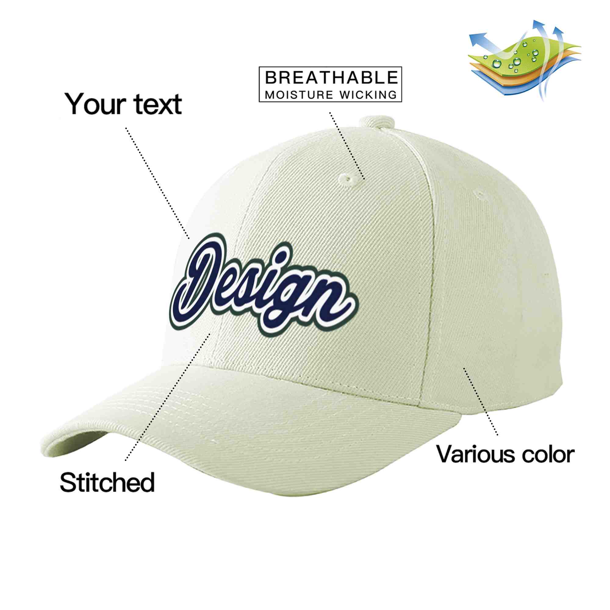 Casquette de baseball incurvée Eaves Sport Design crème personnalisée bleu marine-blanc