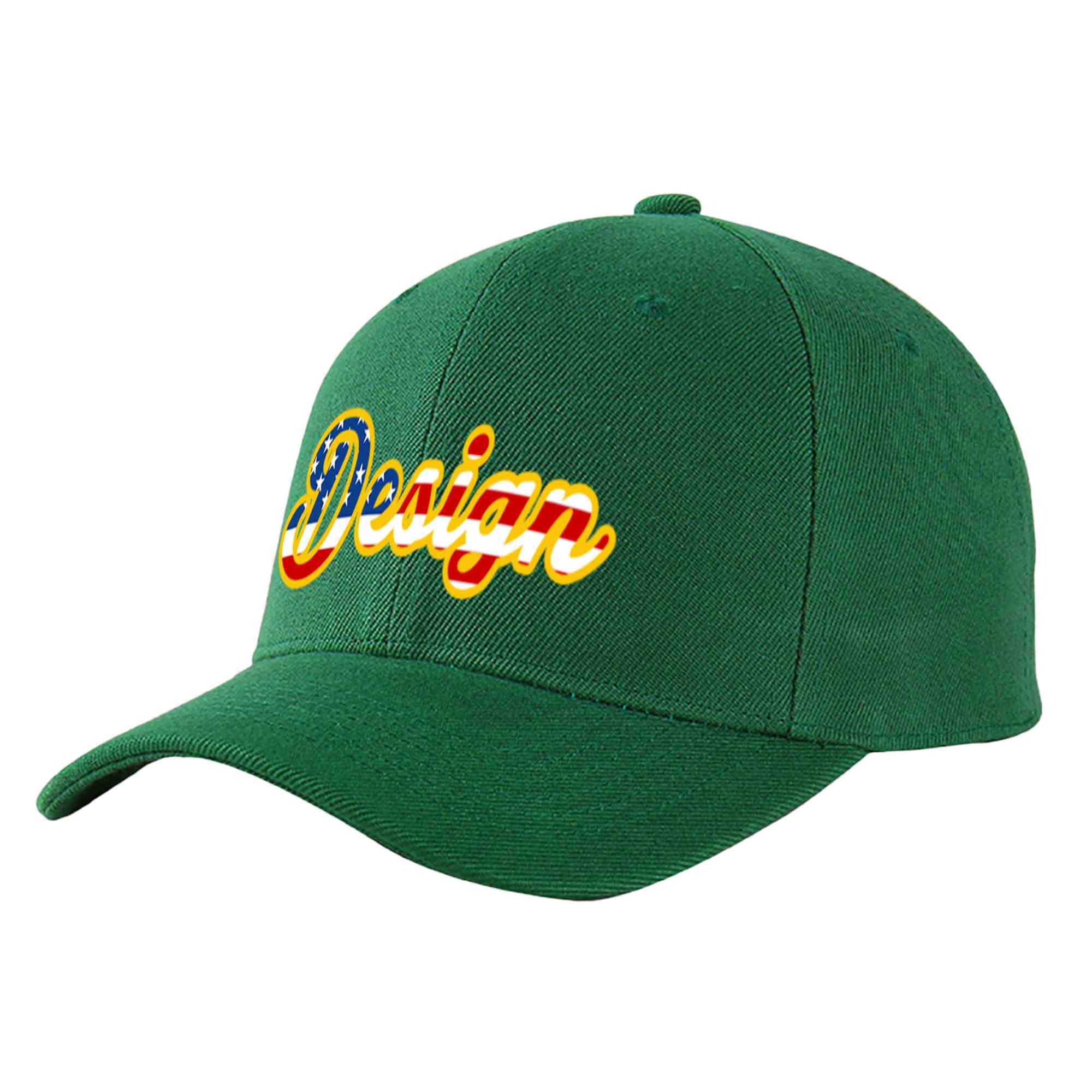 Custom Green Vintage USA Flag-Gold Curved Eaves Sport Design Baseball Cap