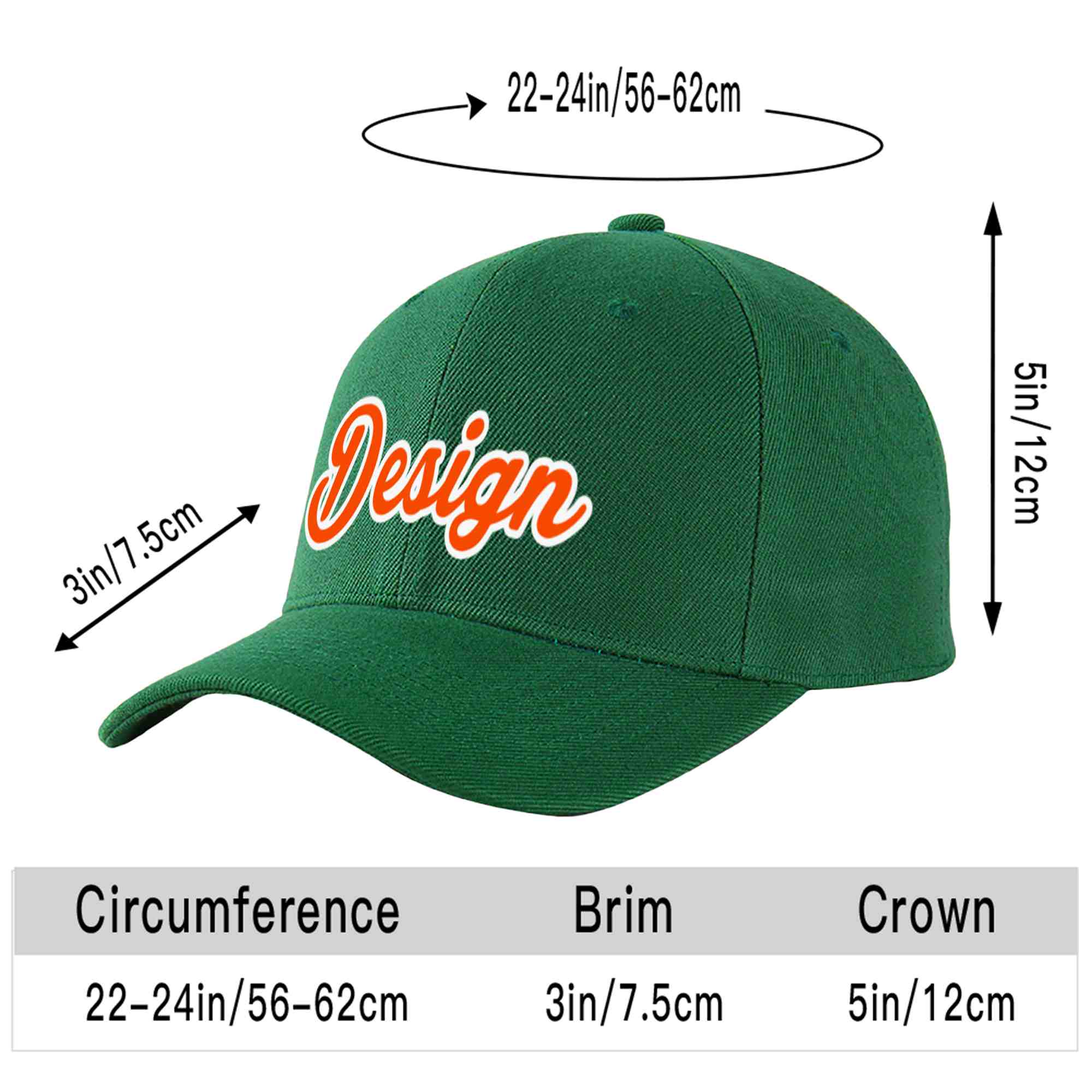 Custom Green Orange-White Curved Eaves Sport Design Baseball Cap