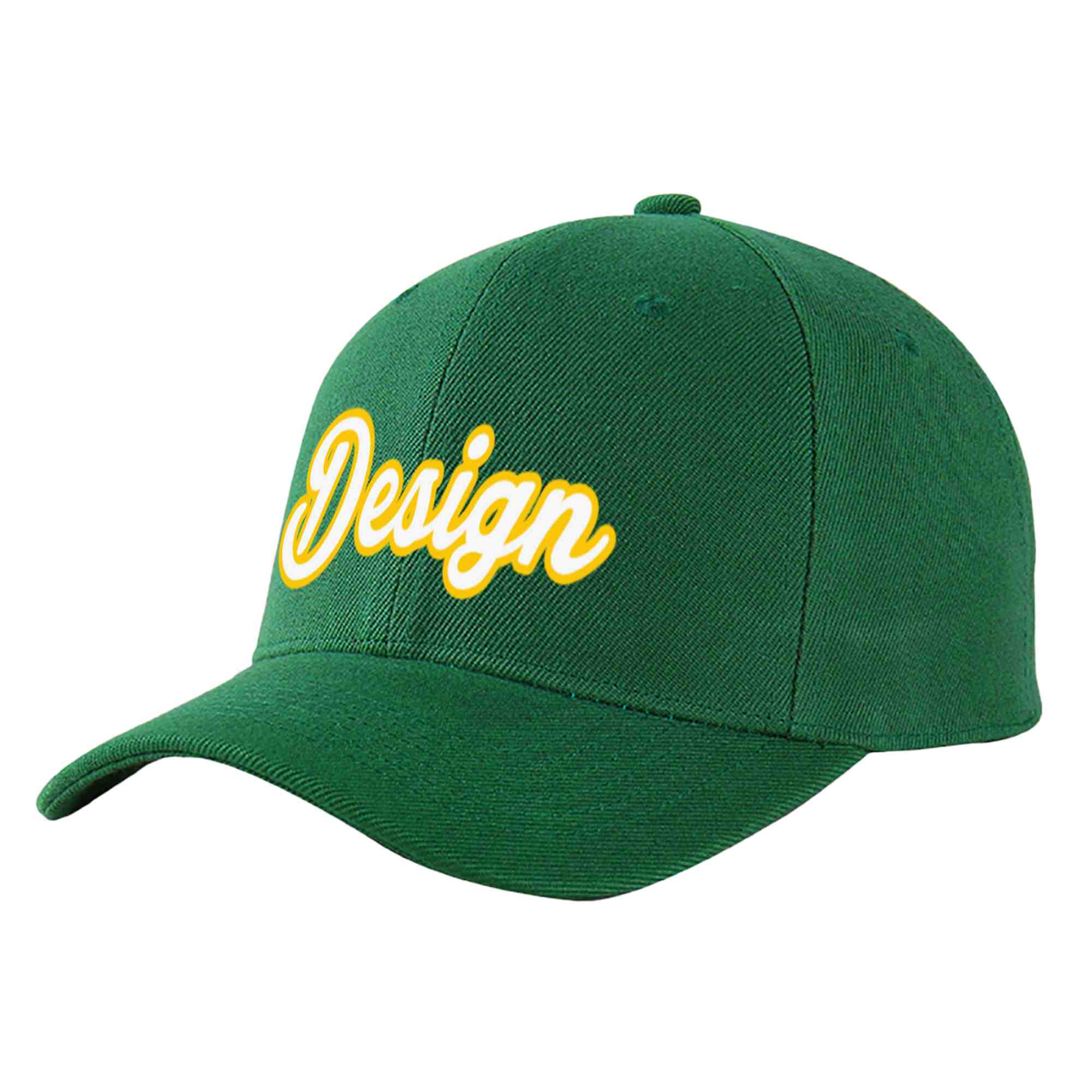 Casquette de baseball courbée personnalisée vert blanc-or avec avant-toit et design sportif