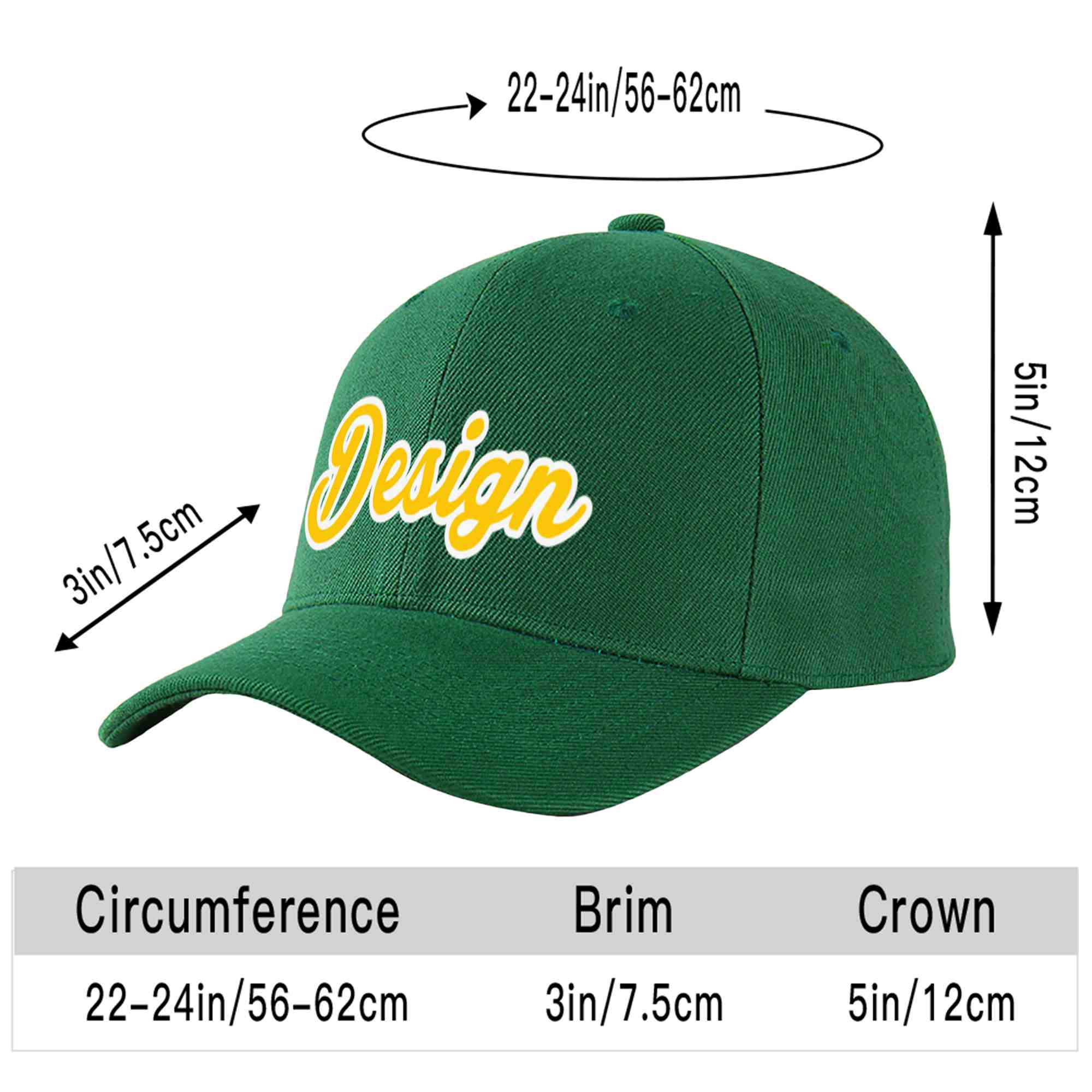 Custom Green Gold-White Curved Eaves Sport Design Baseball Cap