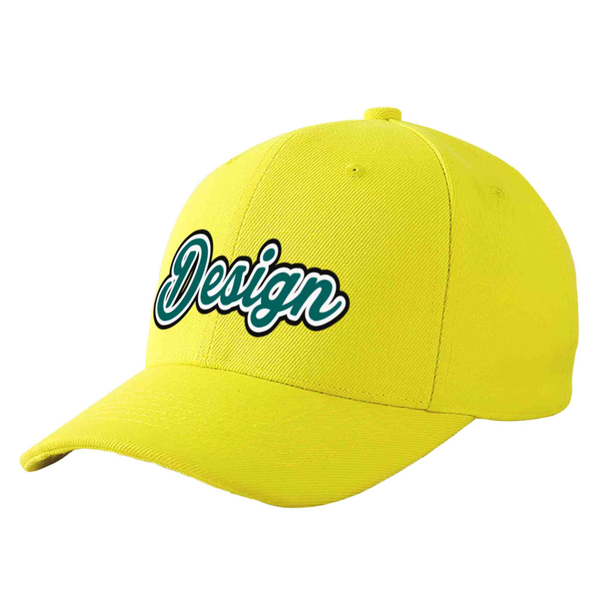 Custom Yellow Aqua-White Curved Eaves Sport Design Baseball Cap