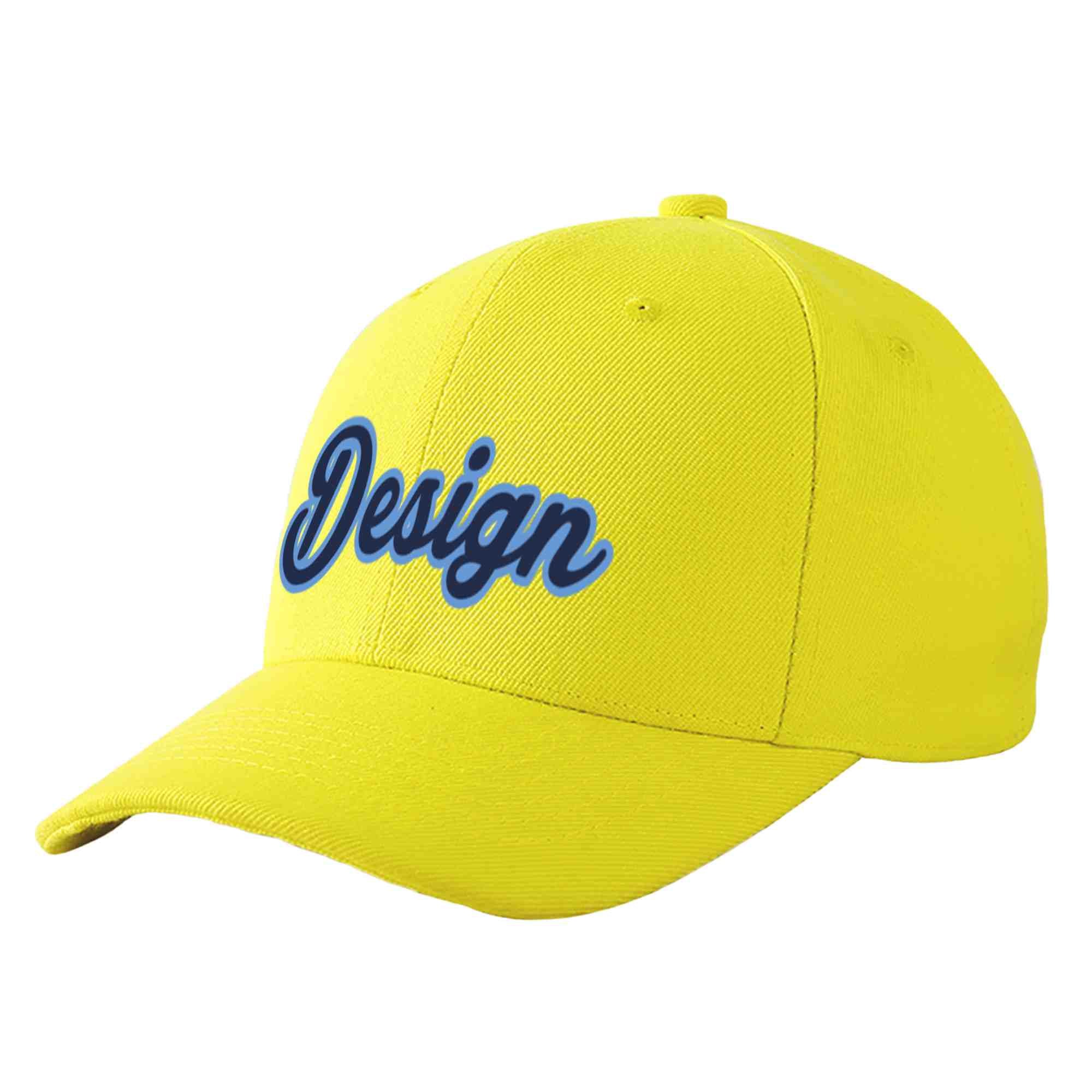 Custom Yellow Navy-Light Blue Curved Eaves Sport Design Baseball Cap