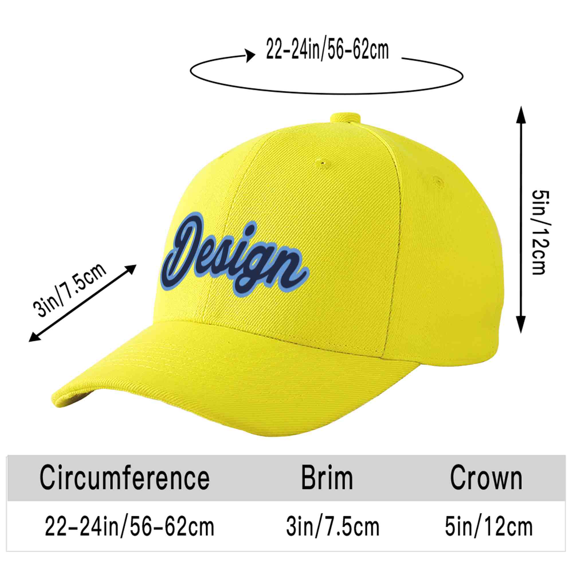 Custom Yellow Navy-Light Blue Curved Eaves Sport Design Baseball Cap