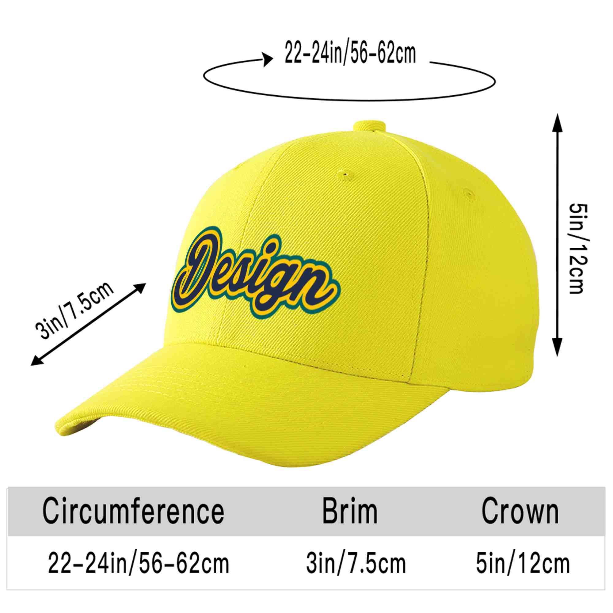 Custom Yellow Navy-Gold Curved Eaves Sport Design Baseball Cap