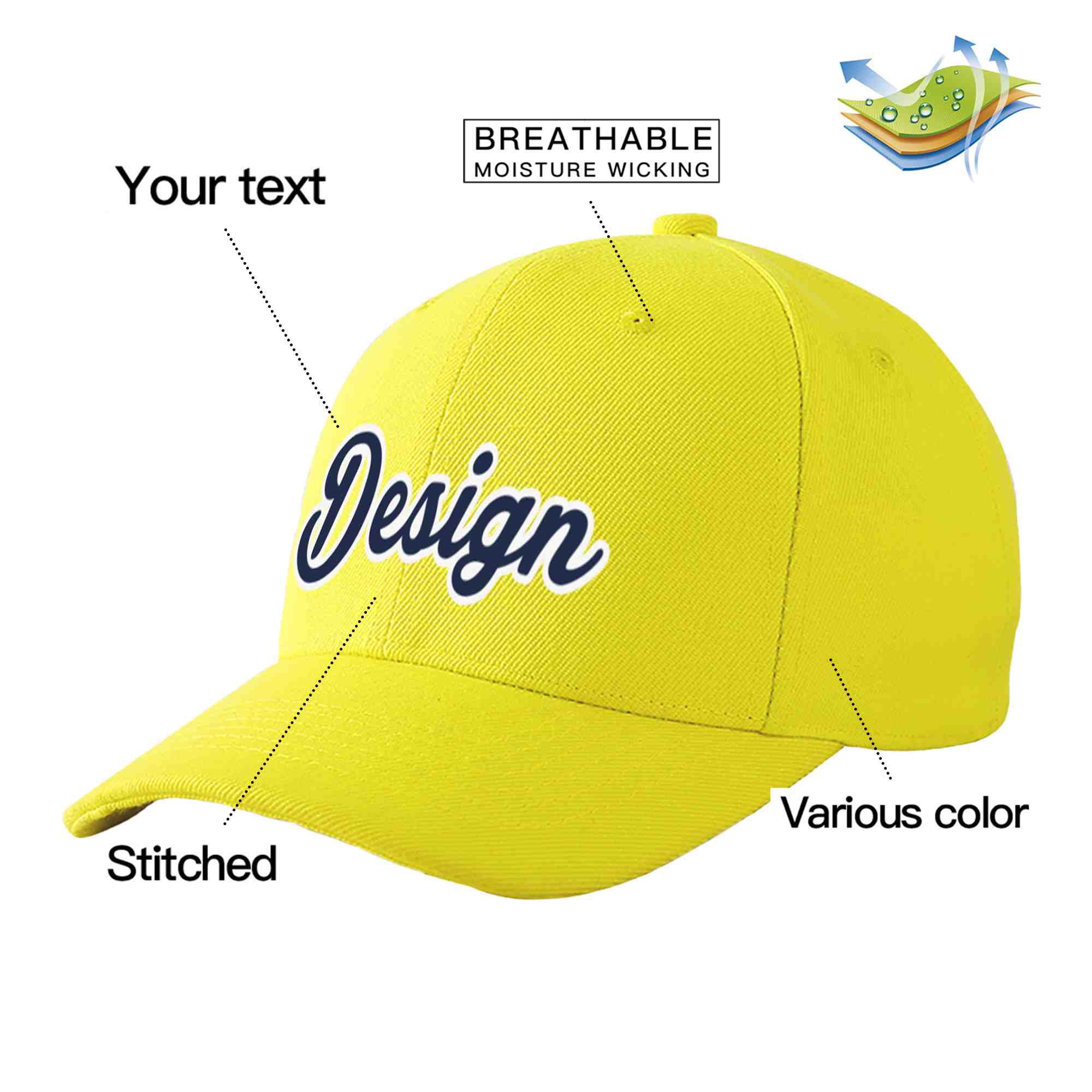 Casquette de baseball personnalisée jaune marine-blanc avec avant-toit incurvé