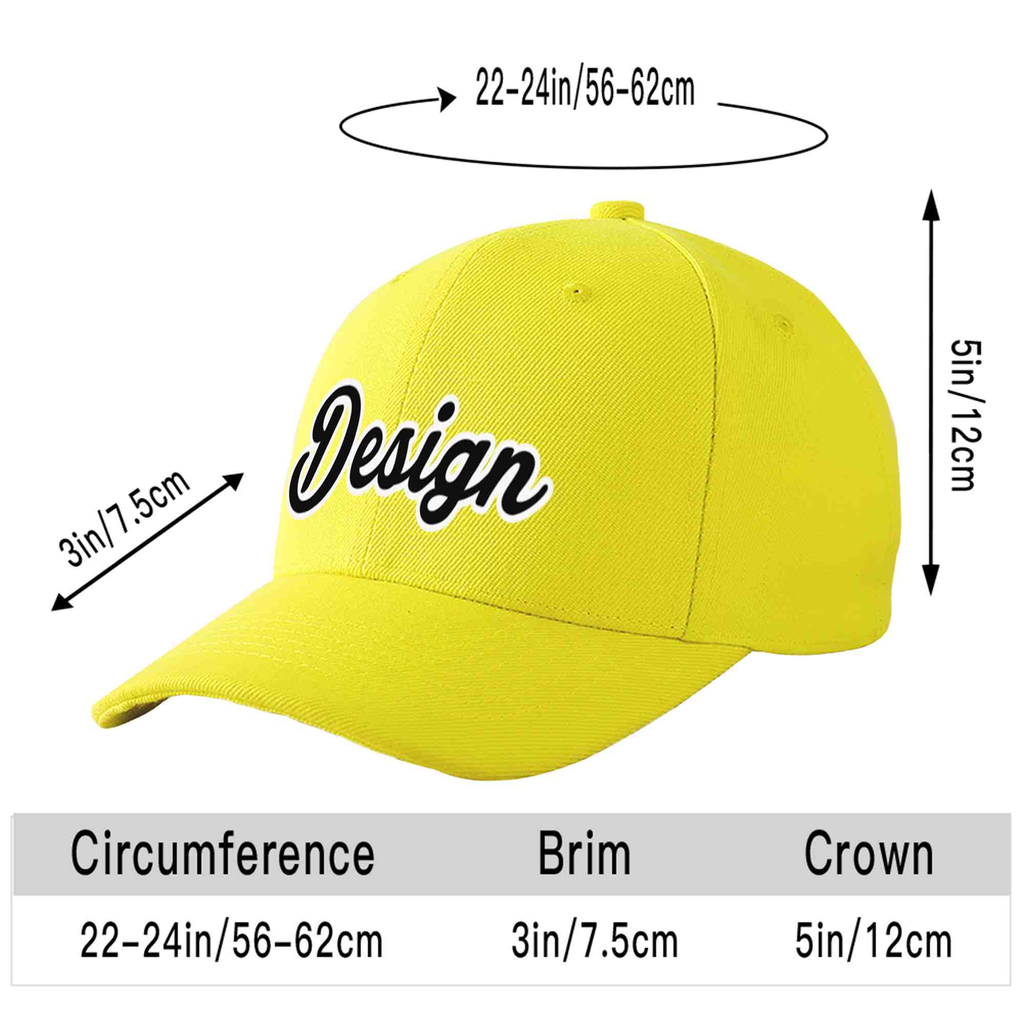 Custom Yellow Black-White Curved Eaves Sport Design Baseball Cap