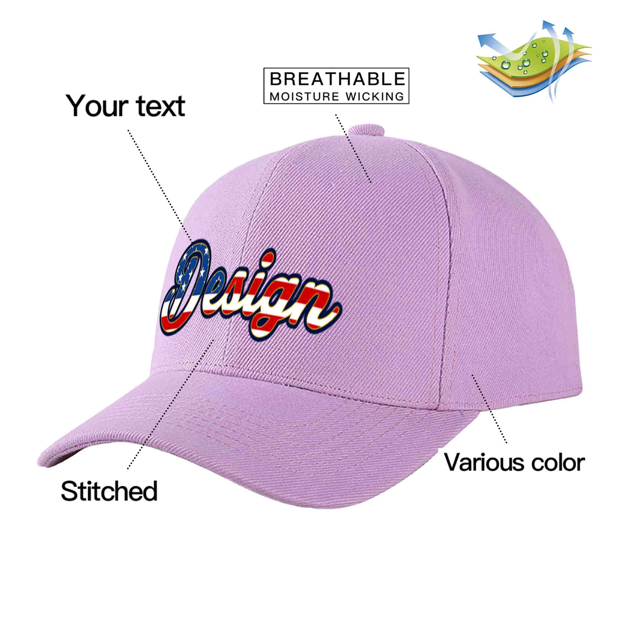 Casquette de baseball personnalisée, violet clair, drapeau américain Vintage, avec avant-toit incurvé doré, Design sportif