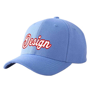 Custom Sky Blue White-Red Curved Eaves Sport Design Baseball Cap