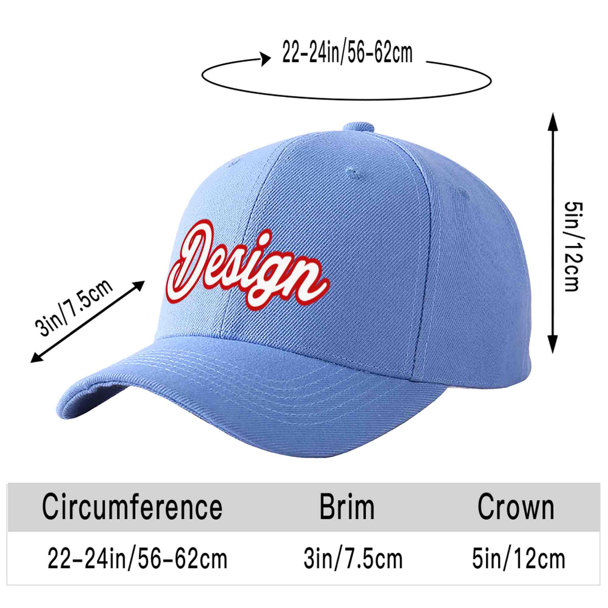 Casquette de baseball personnalisée bleu ciel blanc-rouge avec avant-toit incurvé