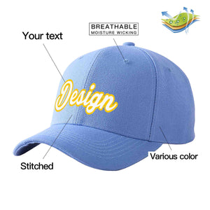 Custom Sky Blue White-Gold Curved Eaves Sport Design Baseball Cap