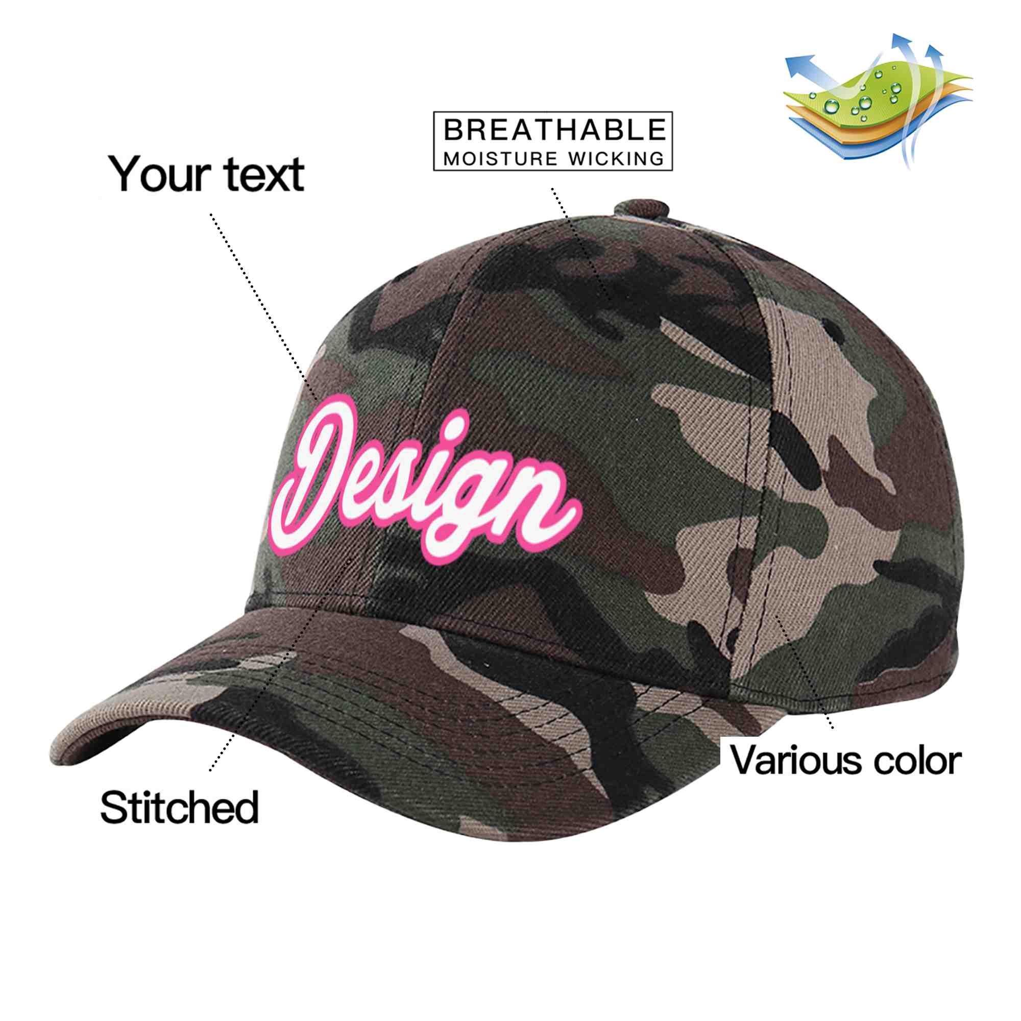 Casquette de baseball personnalisée camouflage blanc-rose avec avant-toit incurvé et design sportif