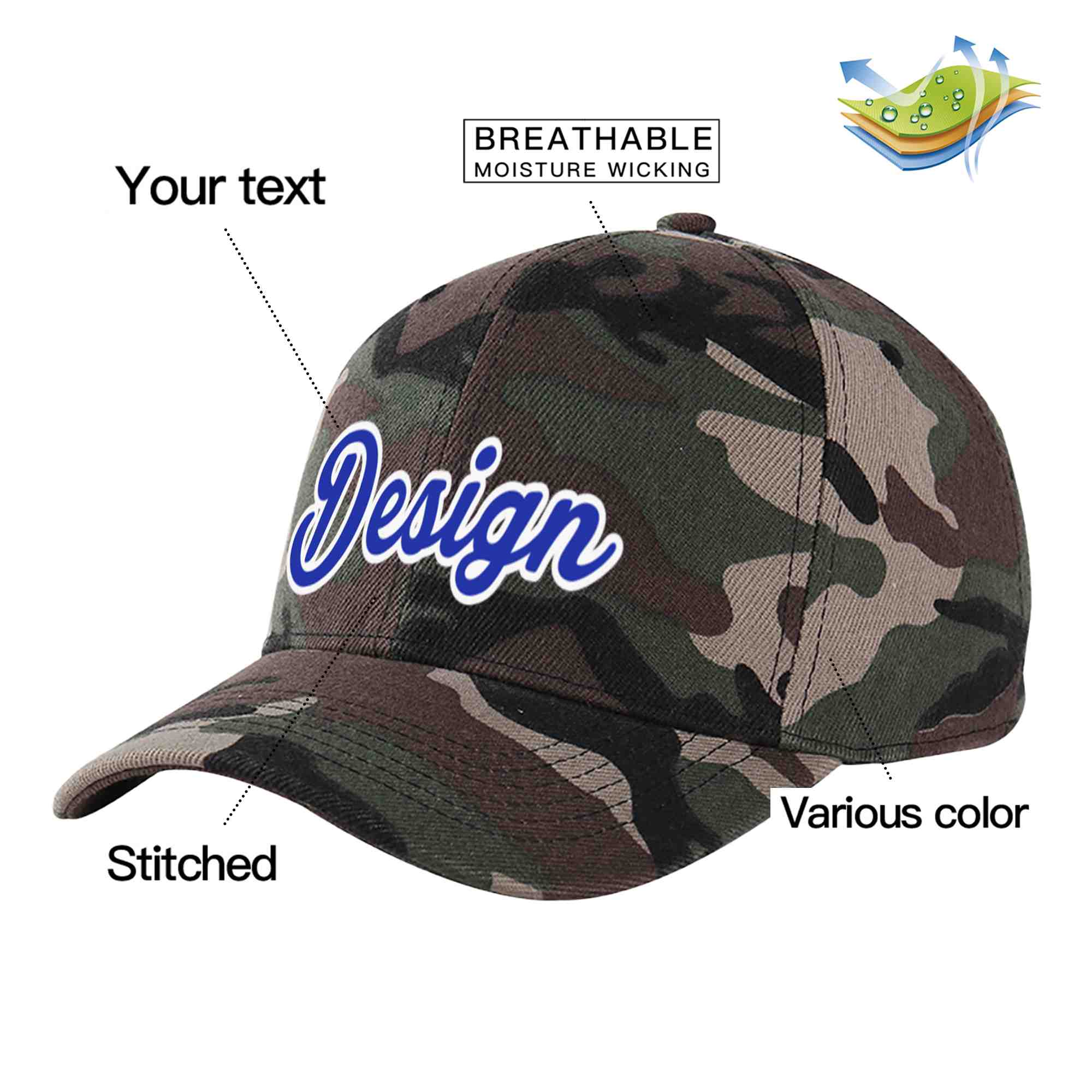 Custom Camo Royal-White Curved Eaves Sport Design Baseball Cap