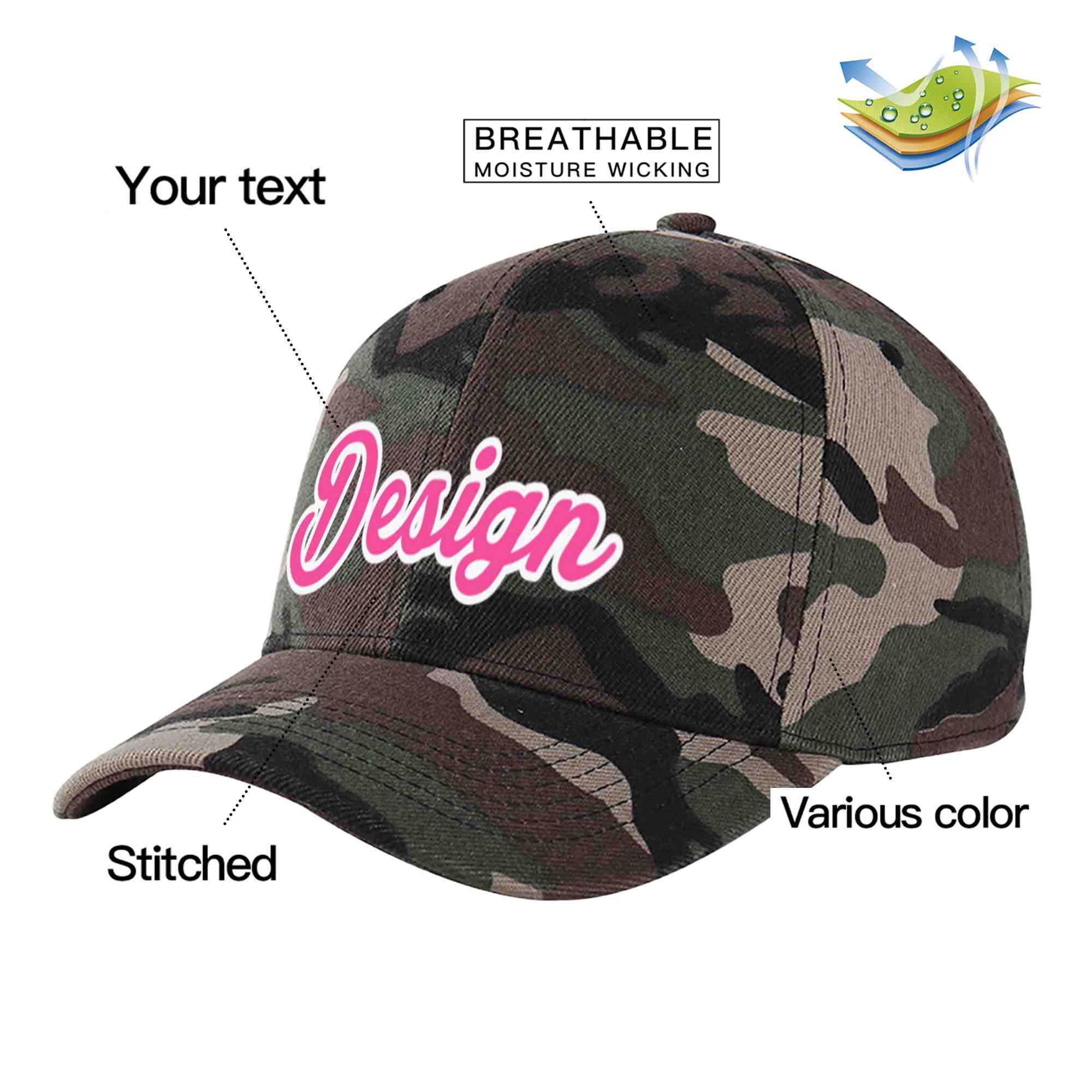 Custom Camo Pink-White Curved Eaves Sport Design Baseball Cap