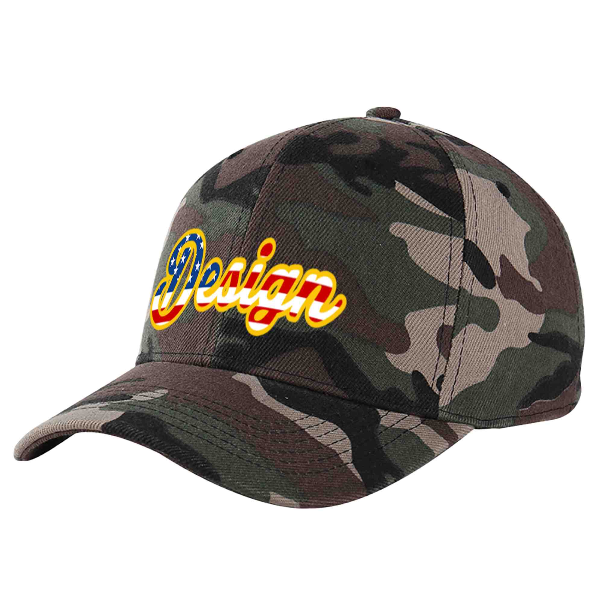 Casquette de baseball personnalisée avec motif camouflage vintage, drapeau américain, avant-toit incurvé doré, design sportif