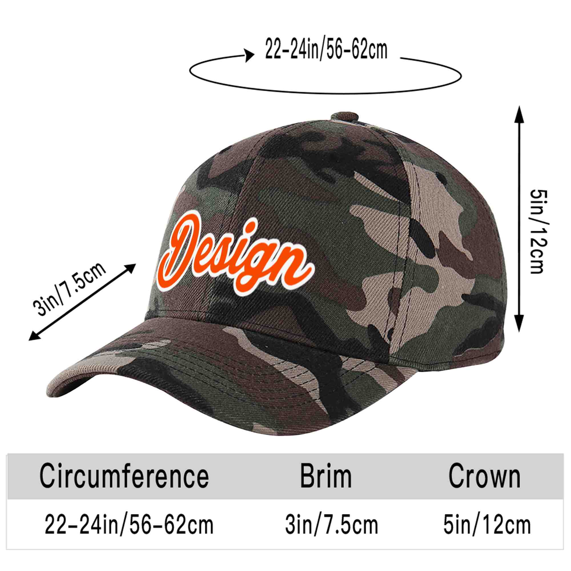 Custom Camo Orange-White Curved Eaves Sport Design Baseball Cap