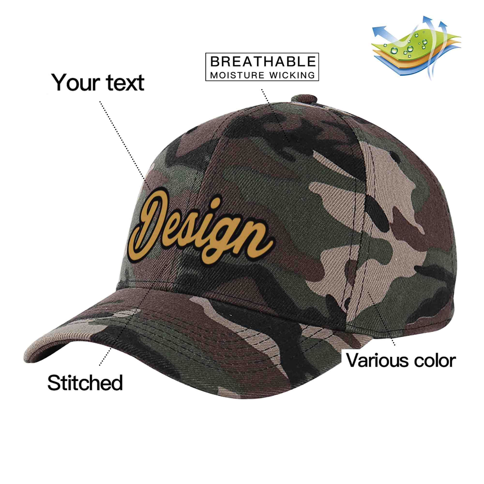 Custom Camo Old Gold-Black Curved Eaves Sport Design Baseball Cap