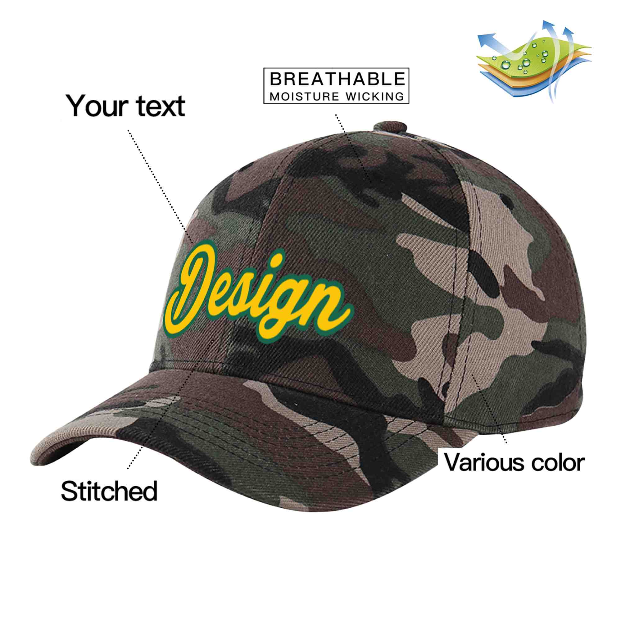 Custom Camo Gold-Kelly Green Curved Eaves Sport Design Baseball Cap