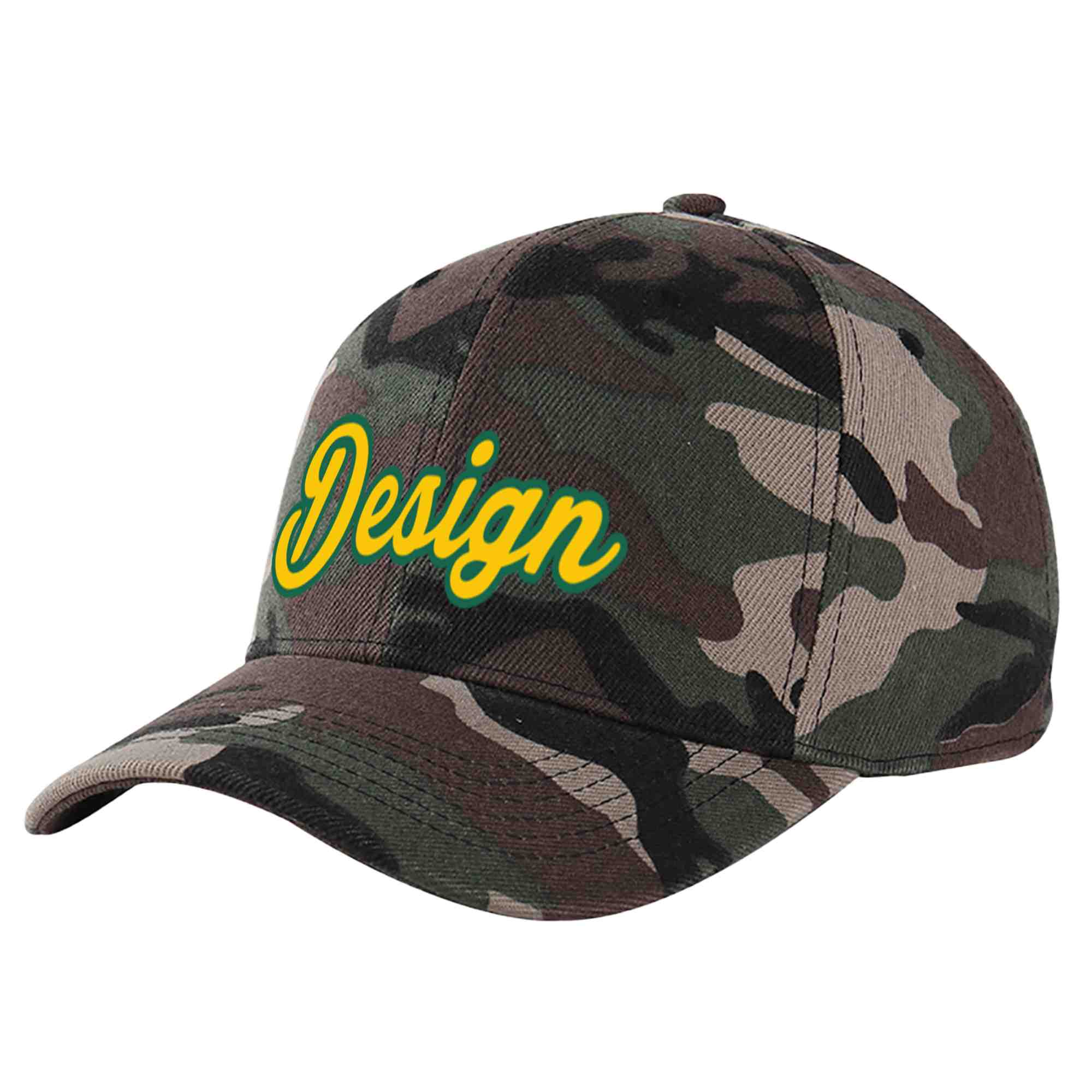 Custom Camo Gold-Kelly Green Curved Eaves Sport Design Baseball Cap