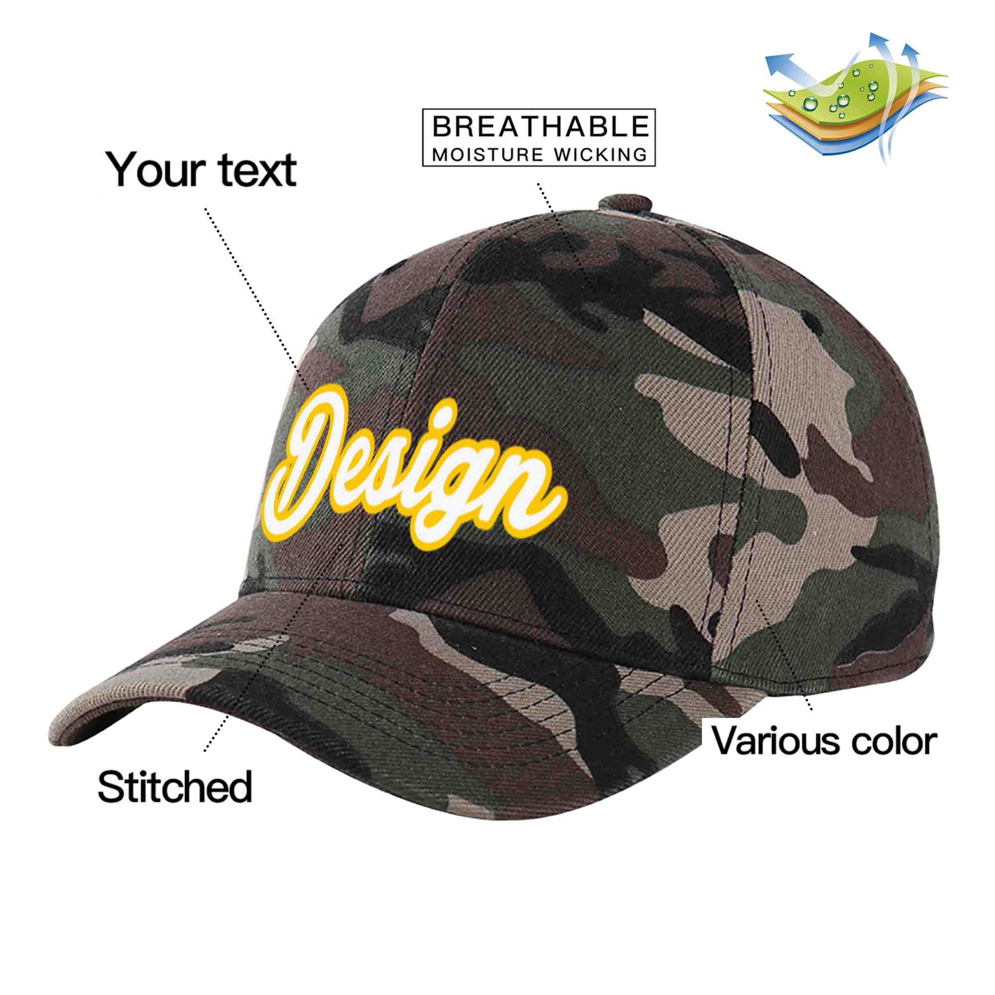 Custom Camo White-Gold Curved Eaves Sport Design Baseball Cap