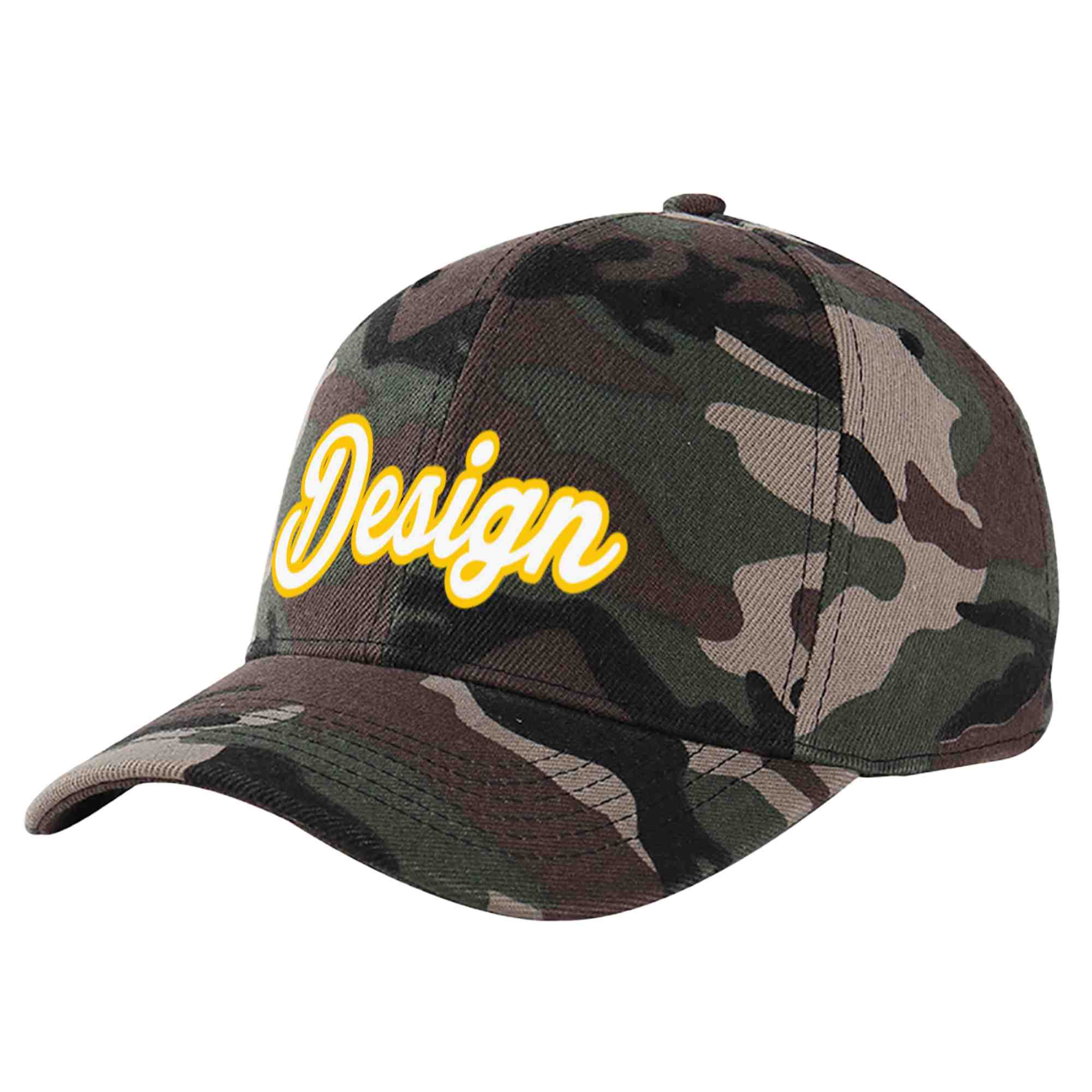 Casquette de baseball personnalisée camouflage blanc-or avec avant-toit incurvé et design sportif