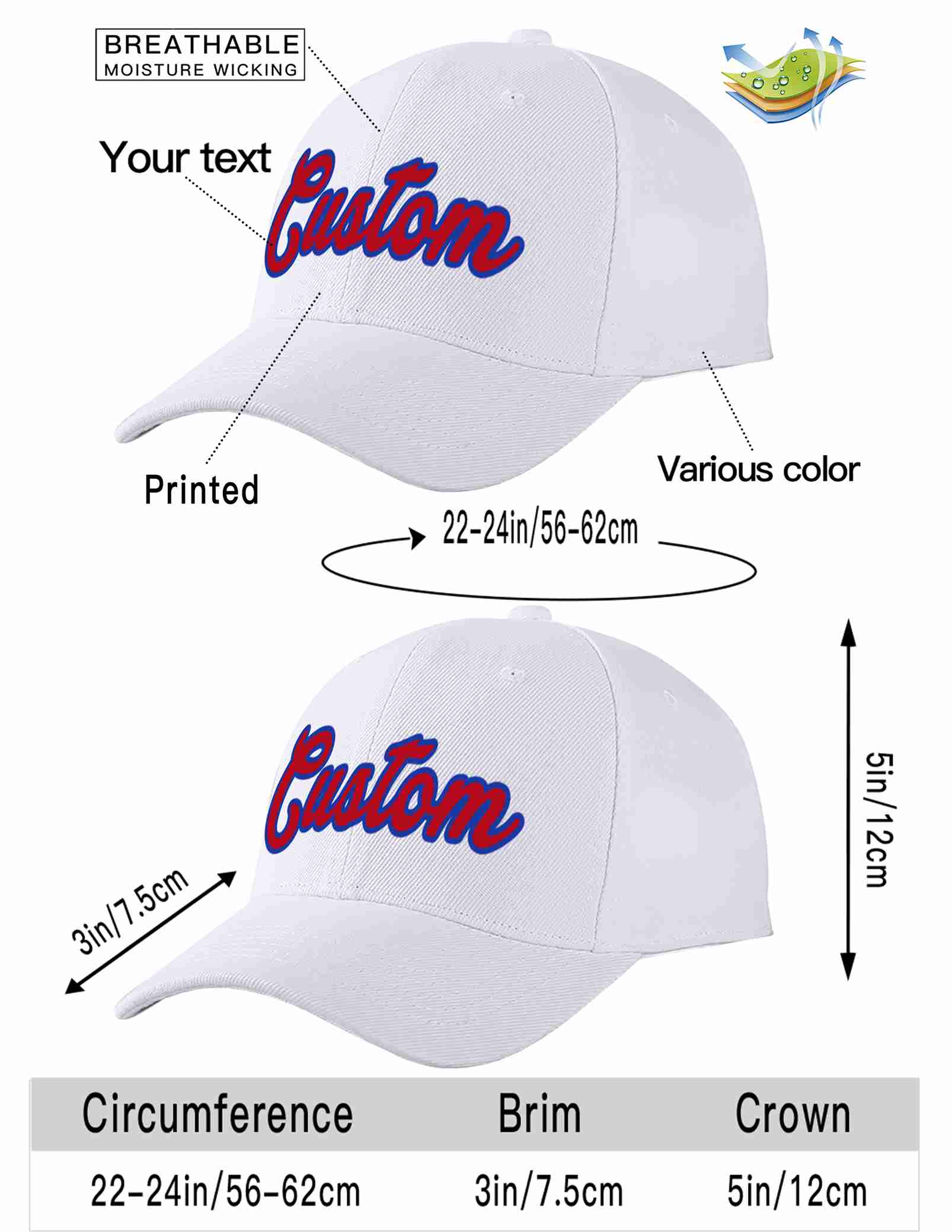 Custom White Red-Royal Curved Eaves Sport Baseball Cap Design for Men/Women/Youth